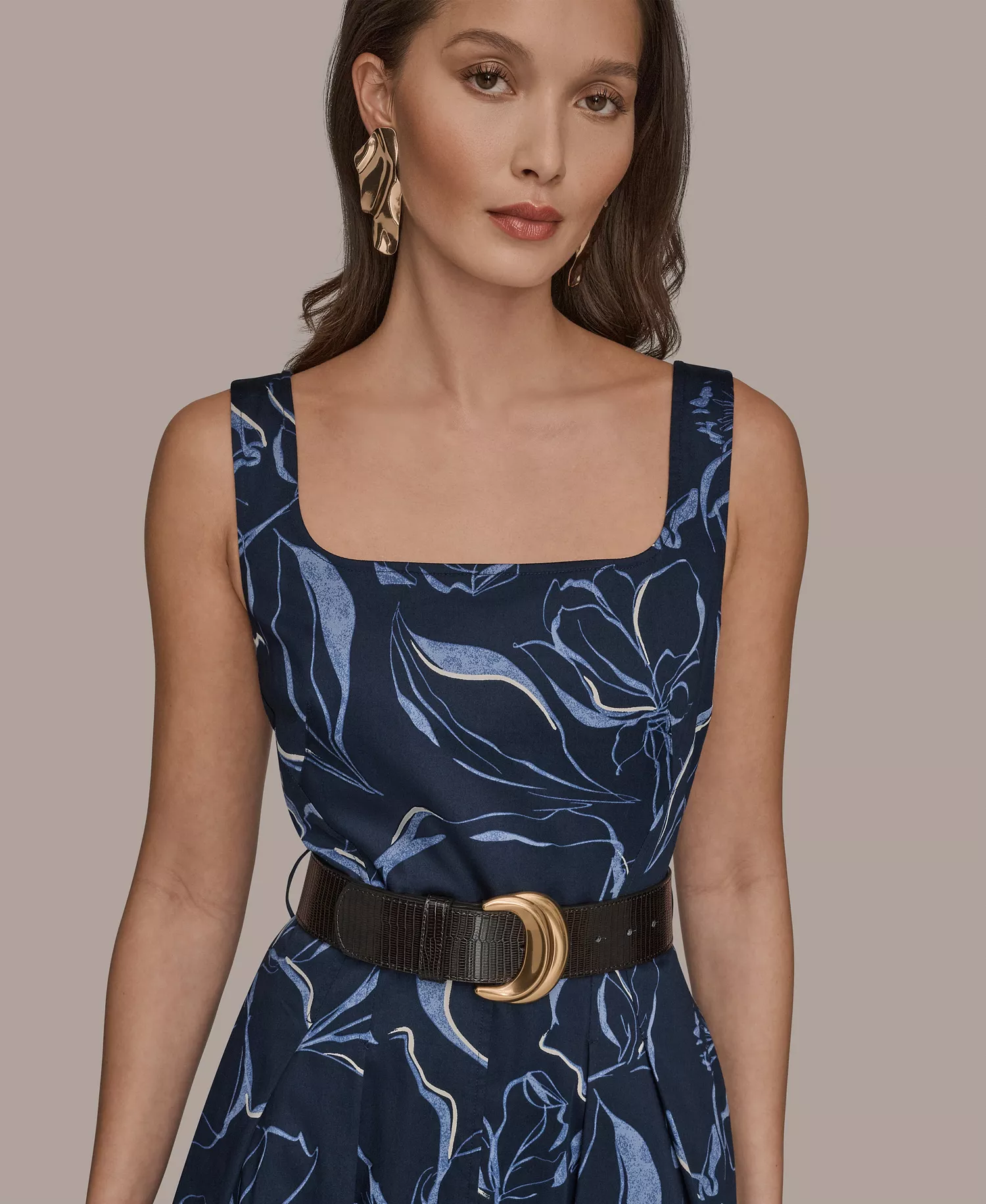 Women's Square Neck Belted A-Line Dress - Nightfall - 10