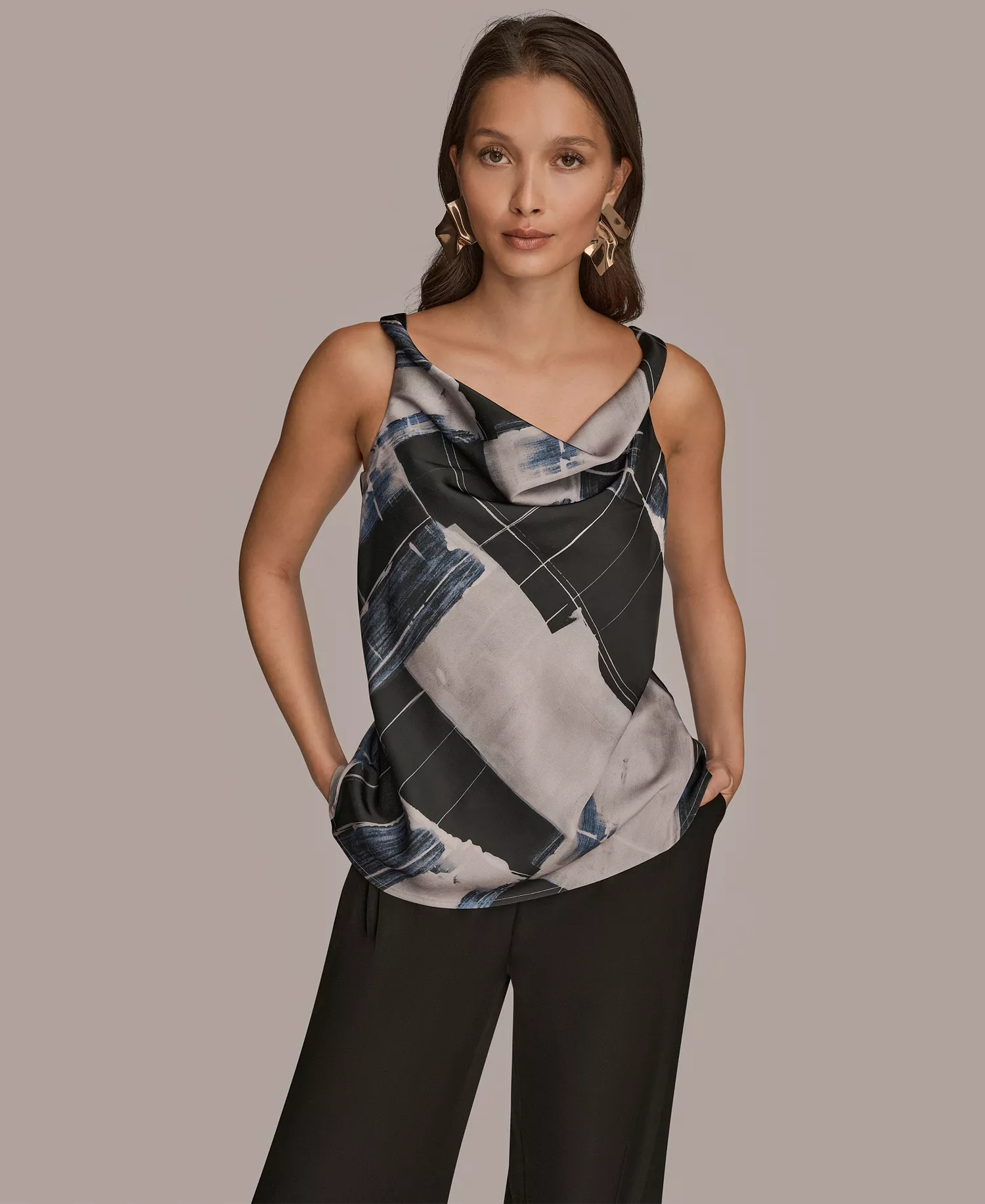 Women's Twist Shoulder Cowl Neck Sleeveless Camisole Top - Vapor Multi - L
