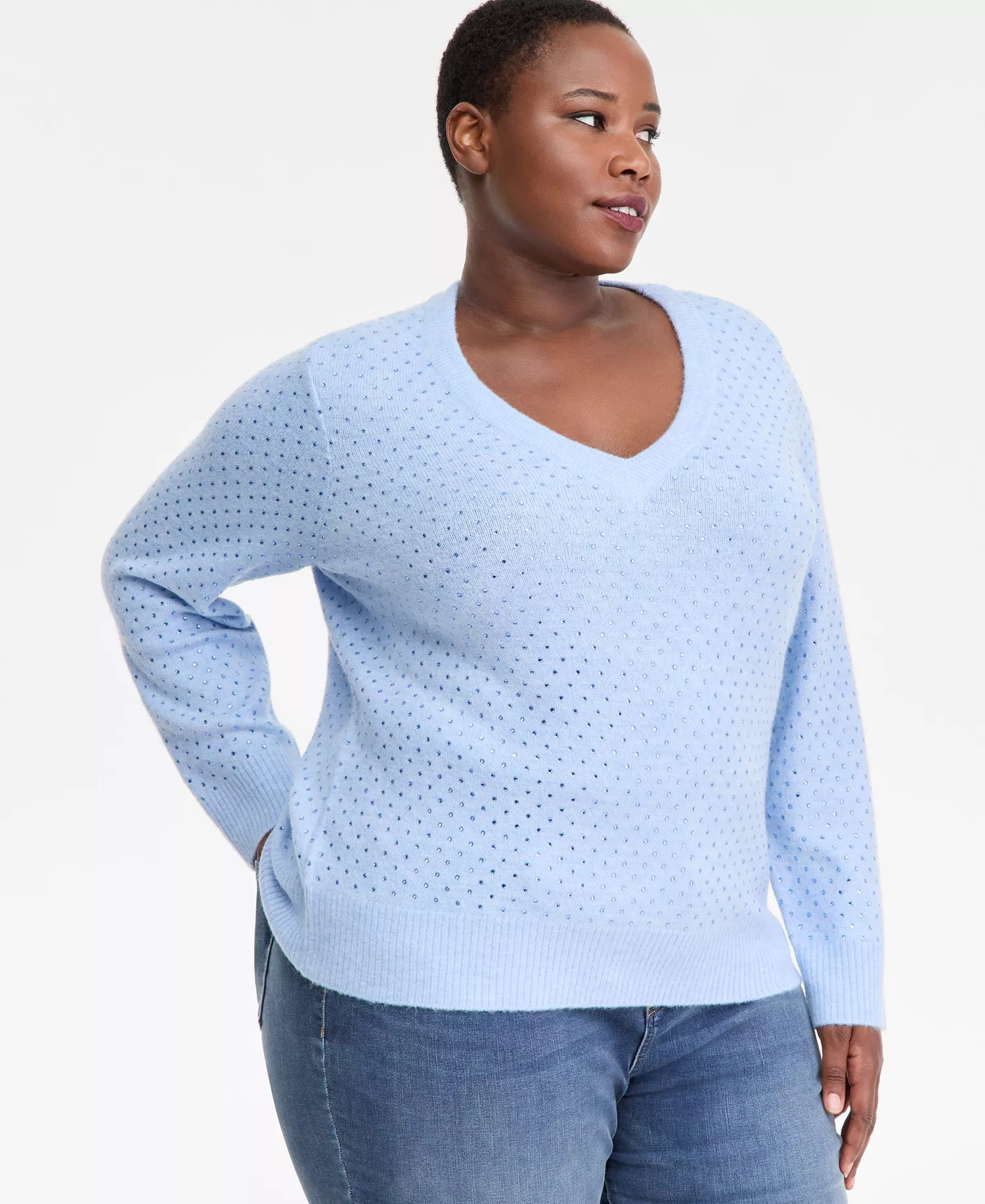 Plus Size Embellished V-Neck Sweater, Macy's Exclusive  - Bright Blue Cmb - 0X