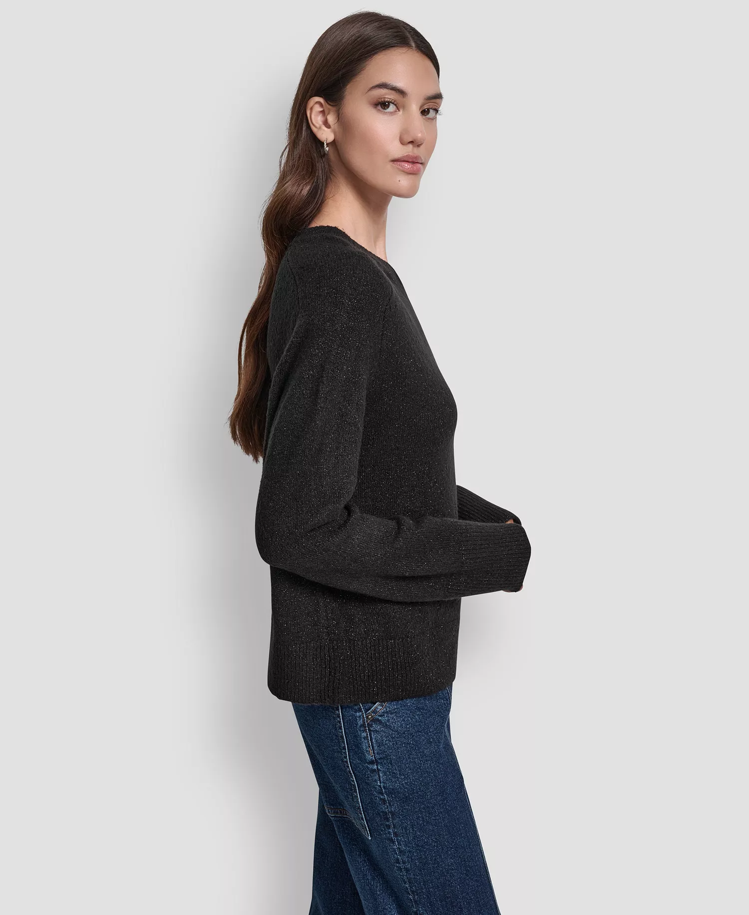Women's Metallic Crewneck Long-Sleeve Sweater - Black - L