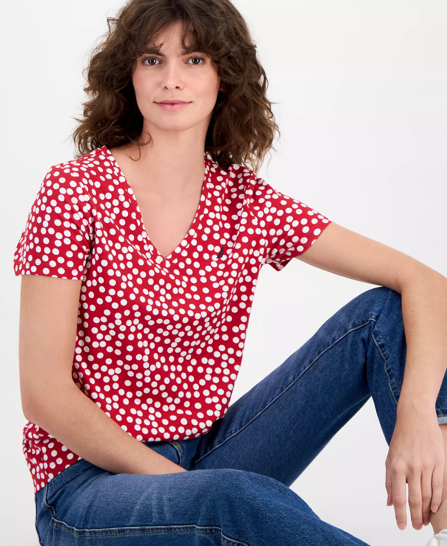 Nautica Women's Snow Dot V-Neck T-Shirt - Haute Red/ Bright White - M