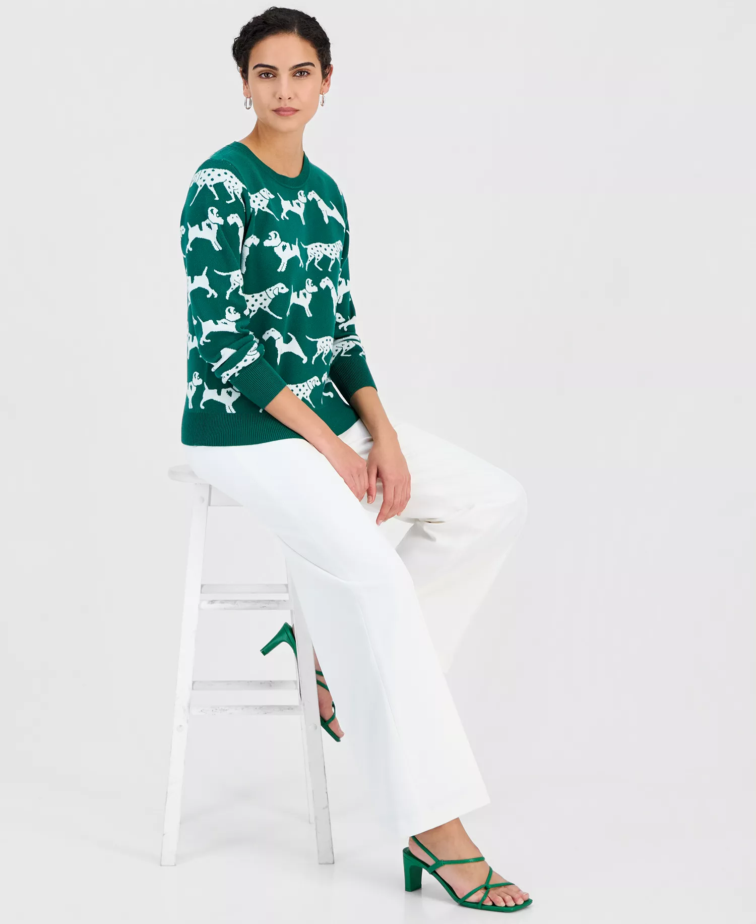 Women's Dog Jacquard Crewneck Sweater - Green Leaf - L