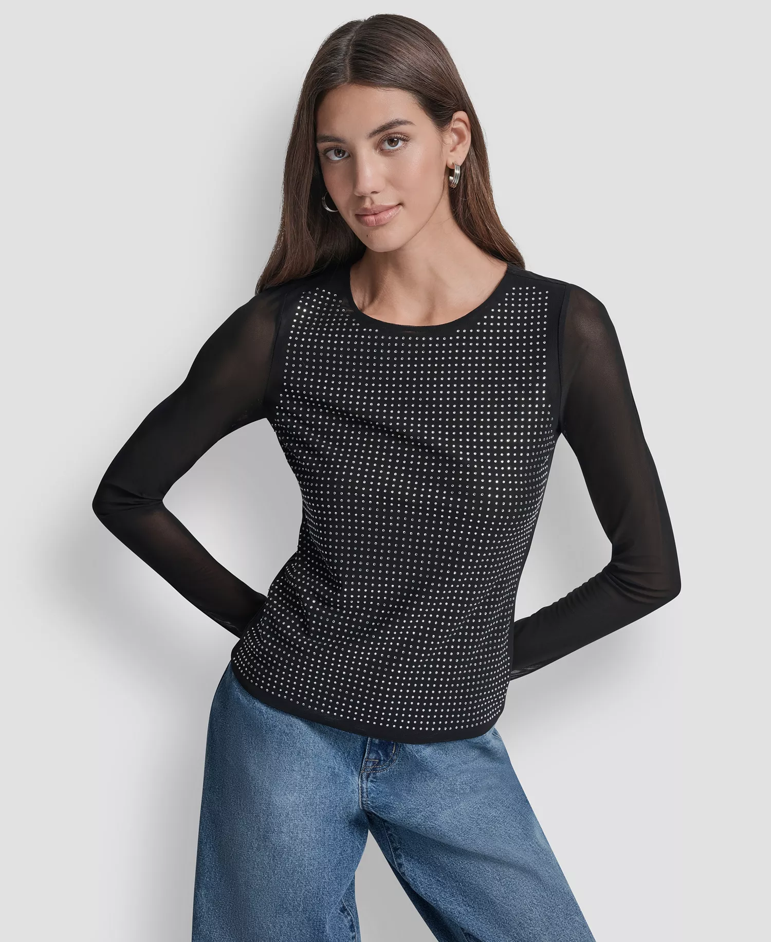 Women's Dome Studs Mesh Long Sleeve Slim Fit Top - Black/Silver - L