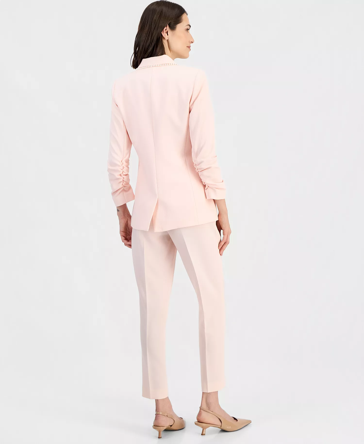 Women's Faux-Pearl-Trim Ruched-Sleeve Blazer & Straight-Leg Ankle Pants - Tea Rose - 10