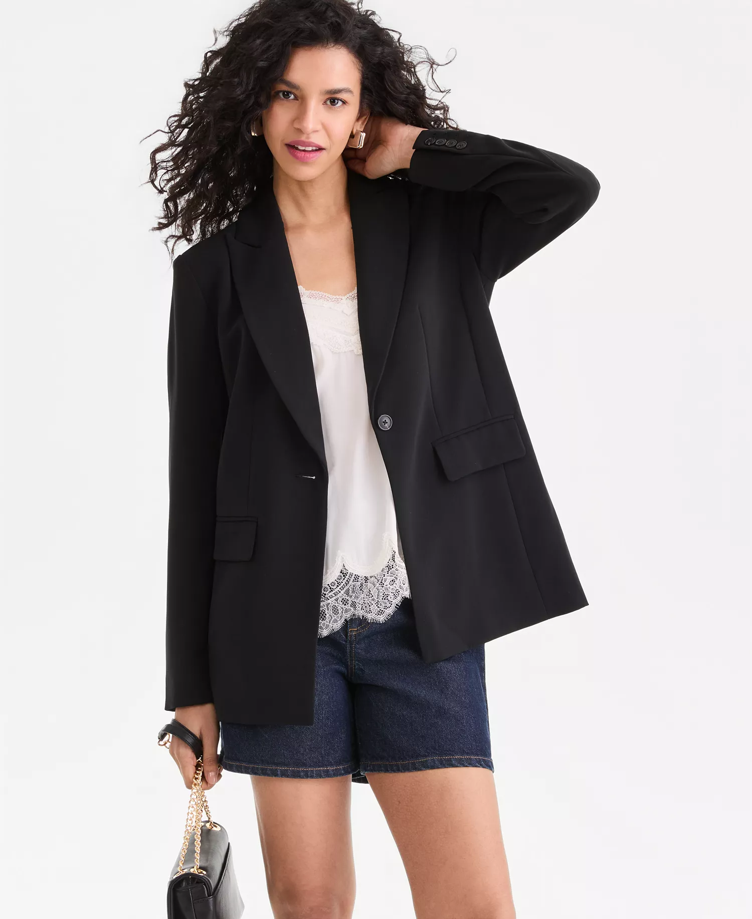 Women's Oversized One-Button Blazer, Macy's Exclusive - Deep Black - L