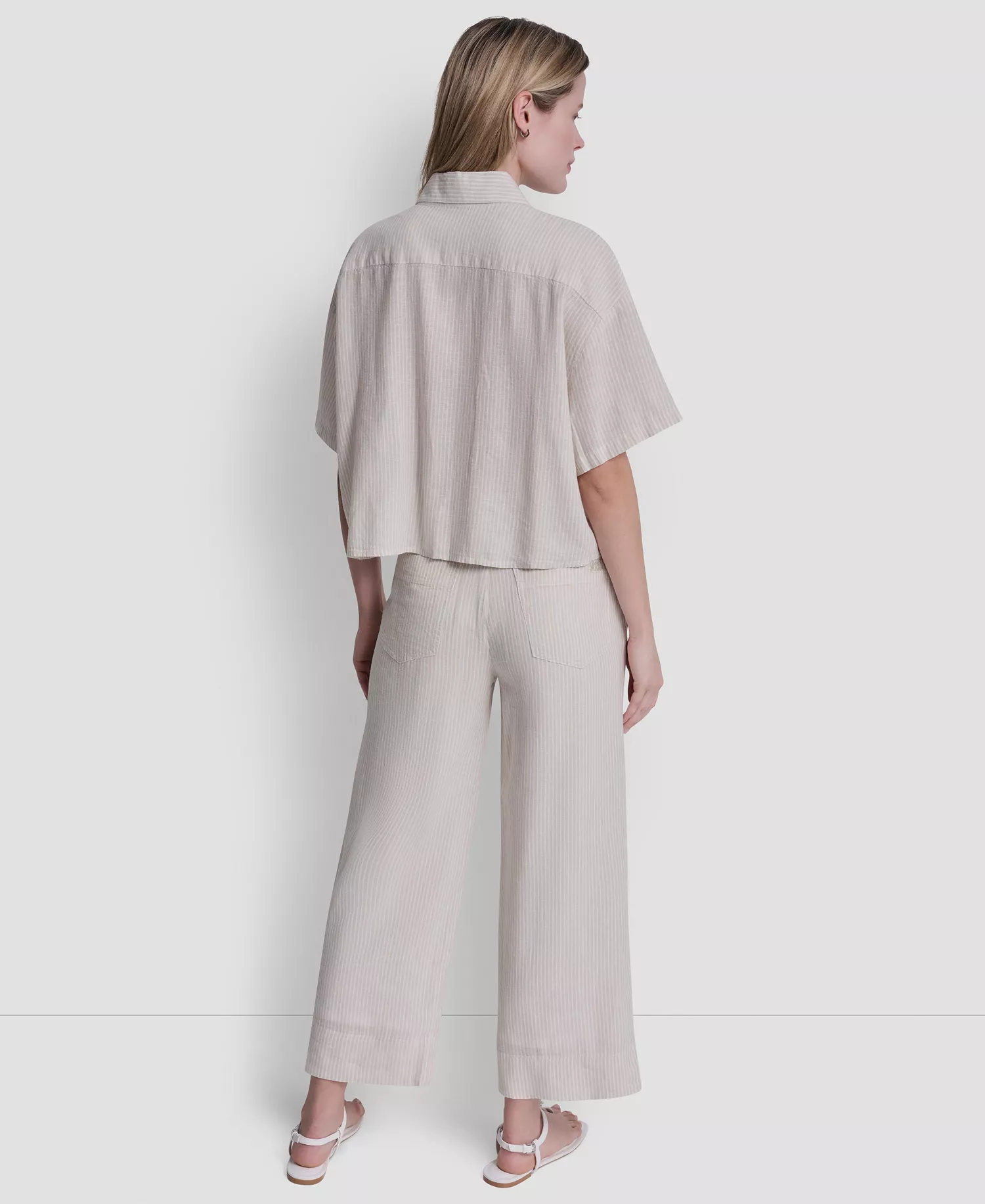 Women's Oversized Linen-Blend Cropped Short Sleeve Shirt - Lex Pebble - L