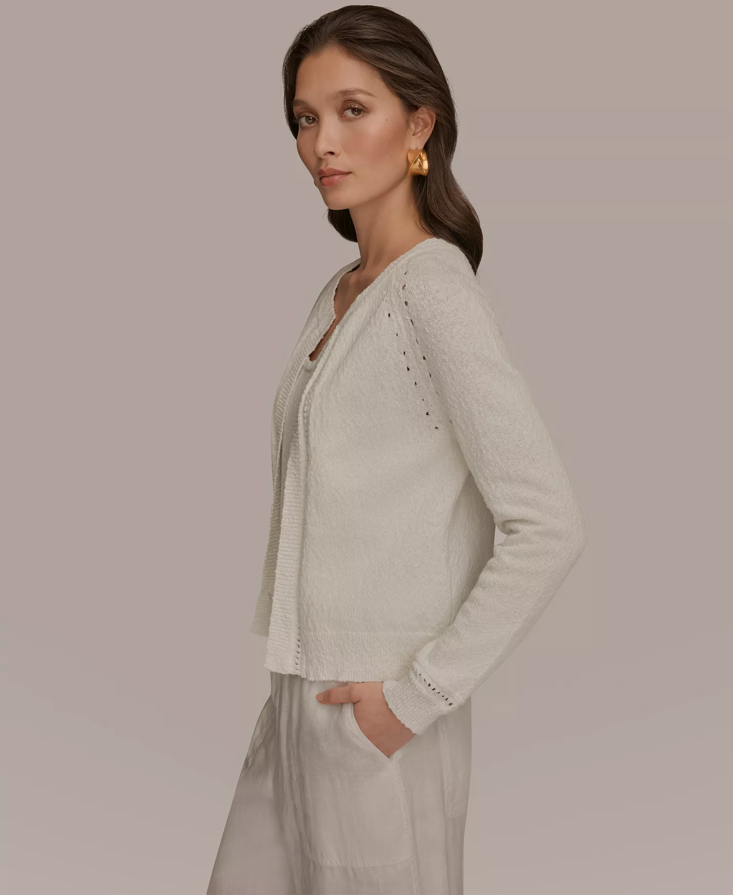 Women's Pointelle Stitch Open-Front Cotton Cardigan  - Cream - L