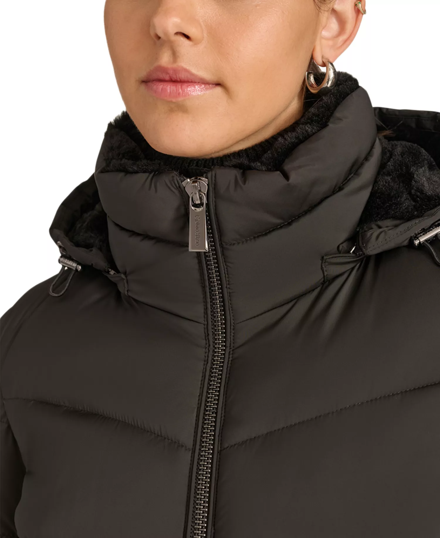 Women's Faux-Fur-Lined Hooded Puffer Coat - Black - L