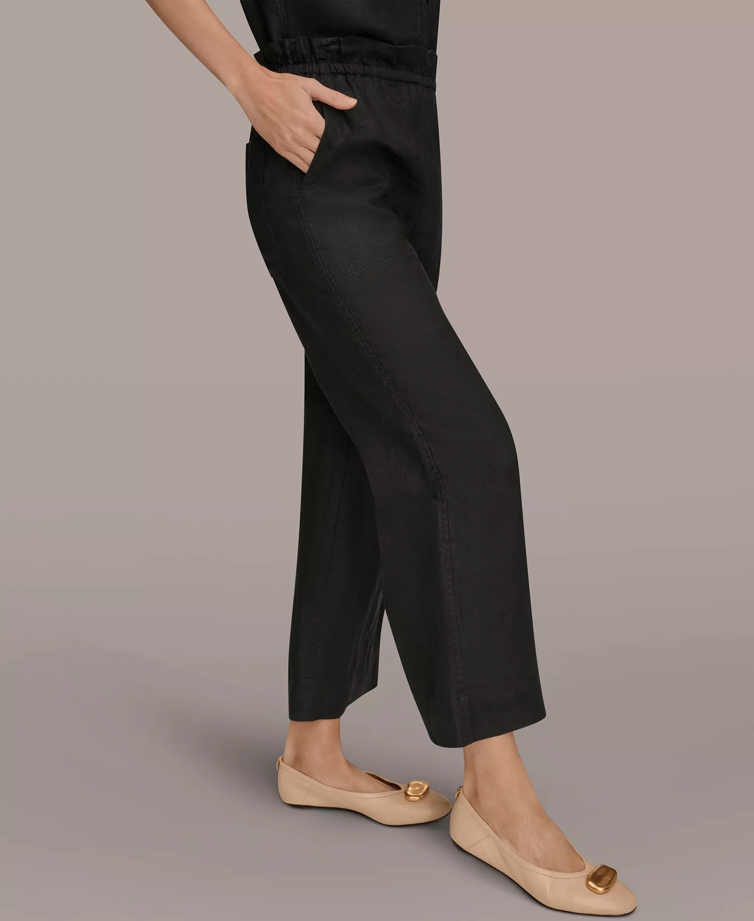 Women's Linen High-Rise Paper Bag Waist Pants - Black - L