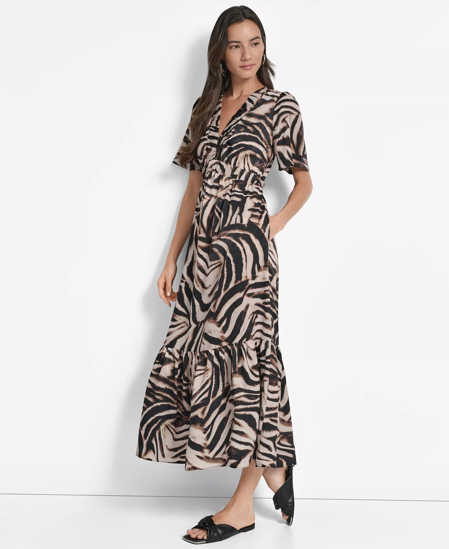 Women's Printed V-Neck Short-Sleeve Maxi Dress - Blurred Zebra - XS