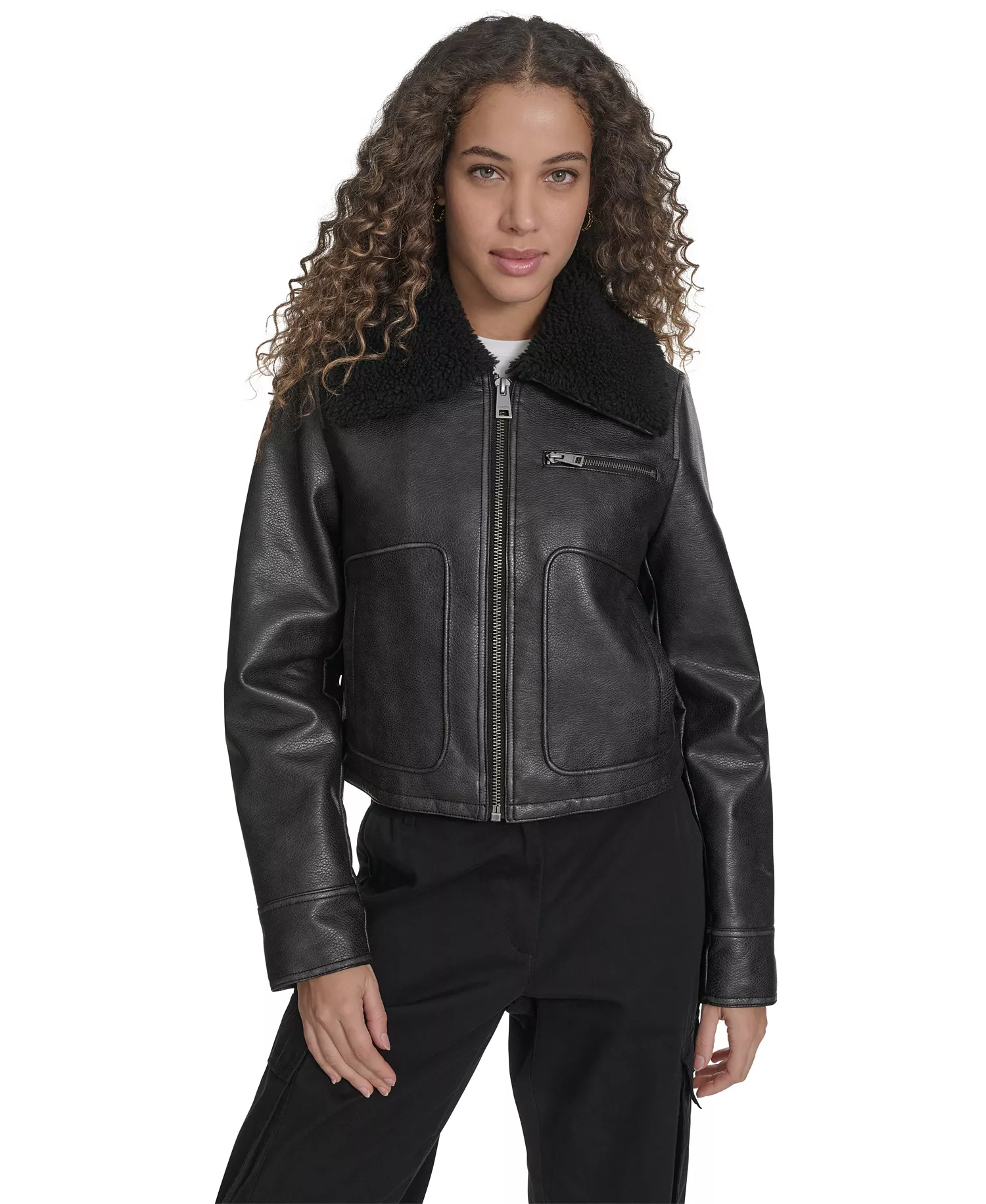 Women's Regular Faux Leather Aviator Jacket - Black - L