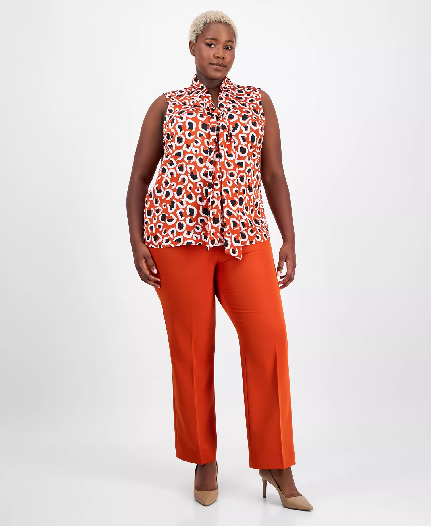 Plus Size Printed Bow-Neck Sleeveless Top - Persimmon - 1X