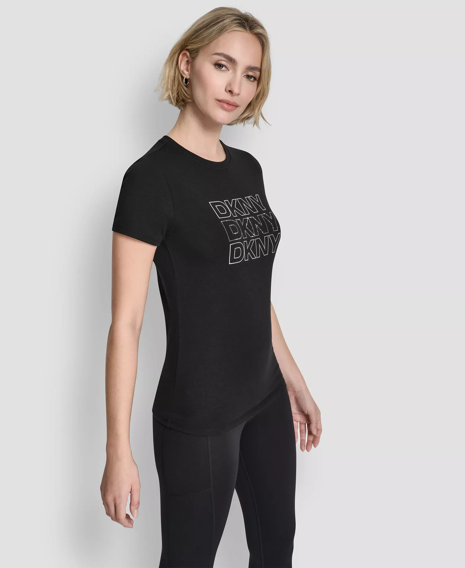 Women's Triple Rhinestone Foil Logo Crewneck Baby T-Shirt - Black - L