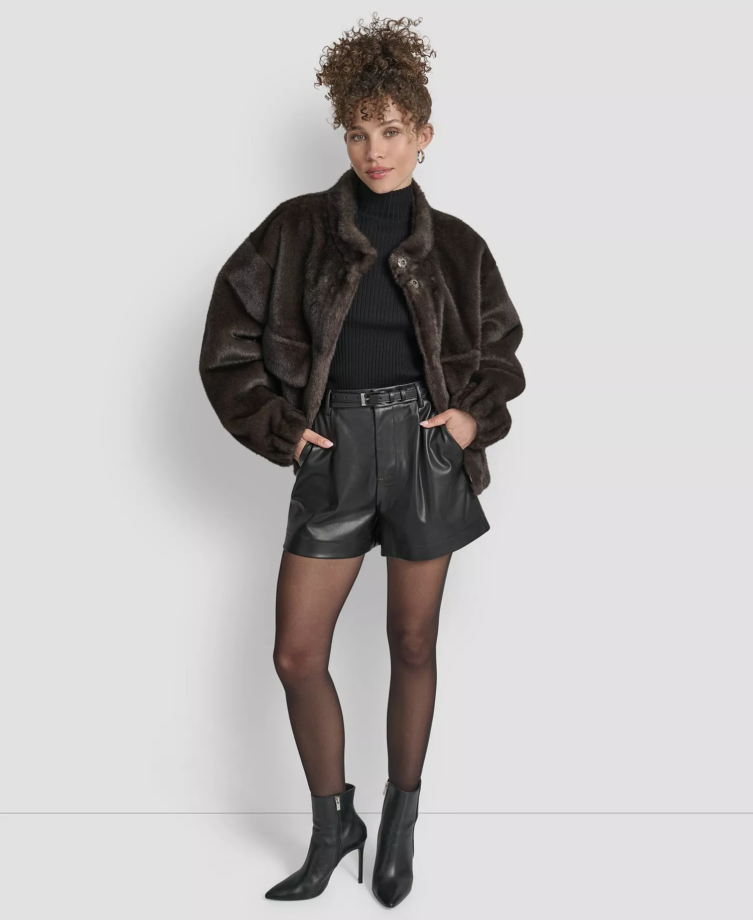 Women's Collar Neck Bomber Coat - Dark Brown - S