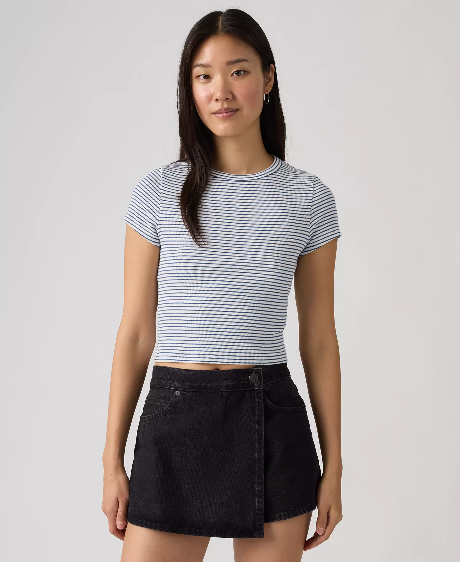 Women's Short-Sleeve Cropped Top - Ava Stripe Cloud Dancer Sunshine Blue - L