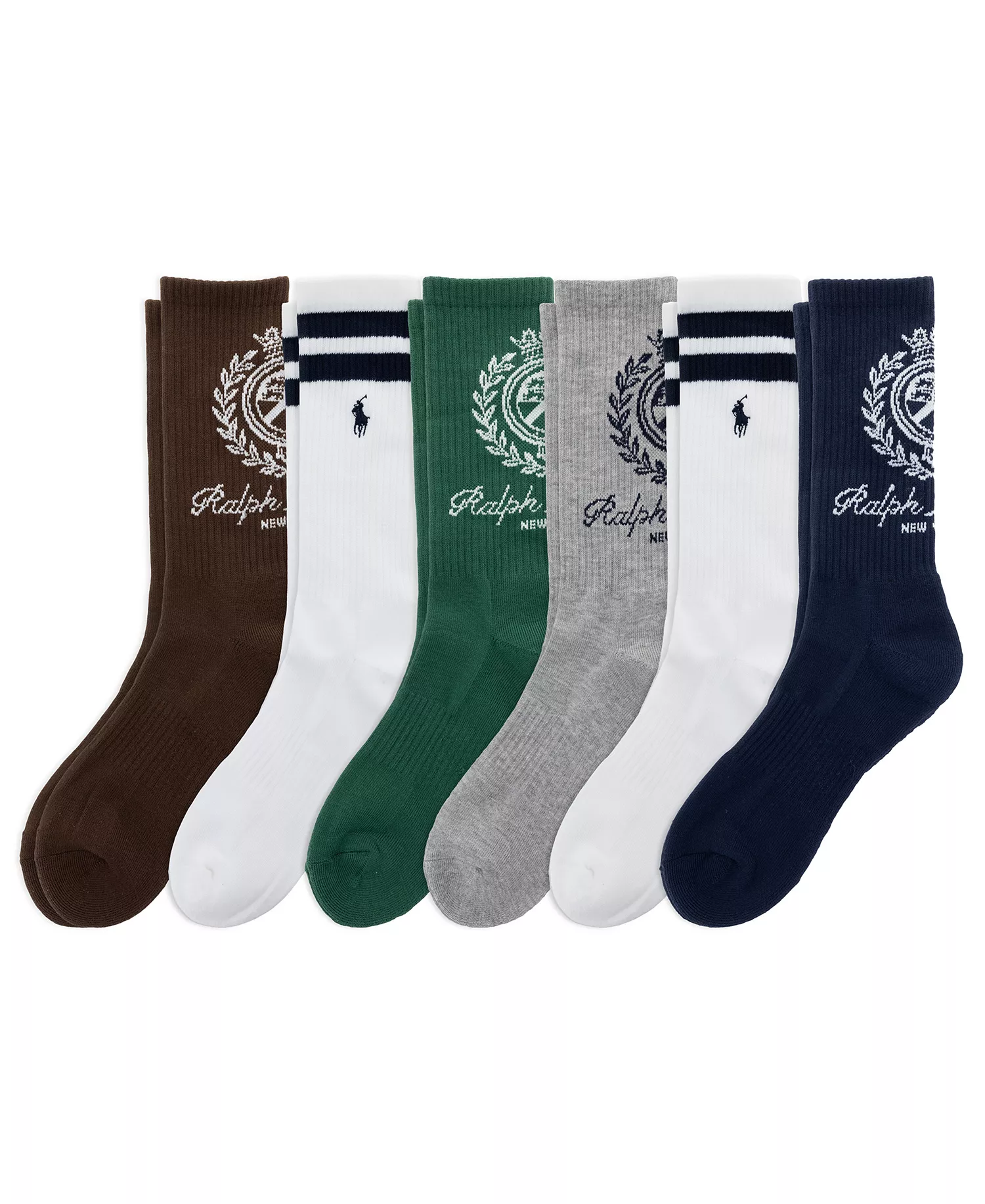 Men's Ralph Lauren Crest Crew Socks, 6-Pack - Brown/White/Green/Navy/White/Gray - 10-13
