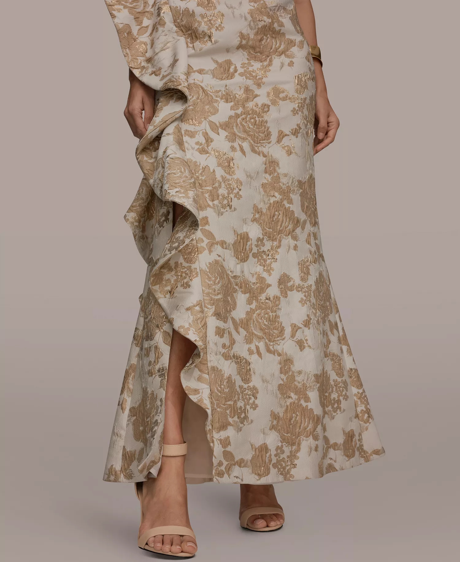 Women's One Shoulder Side Ruffle Gown - Gold Multi - 10