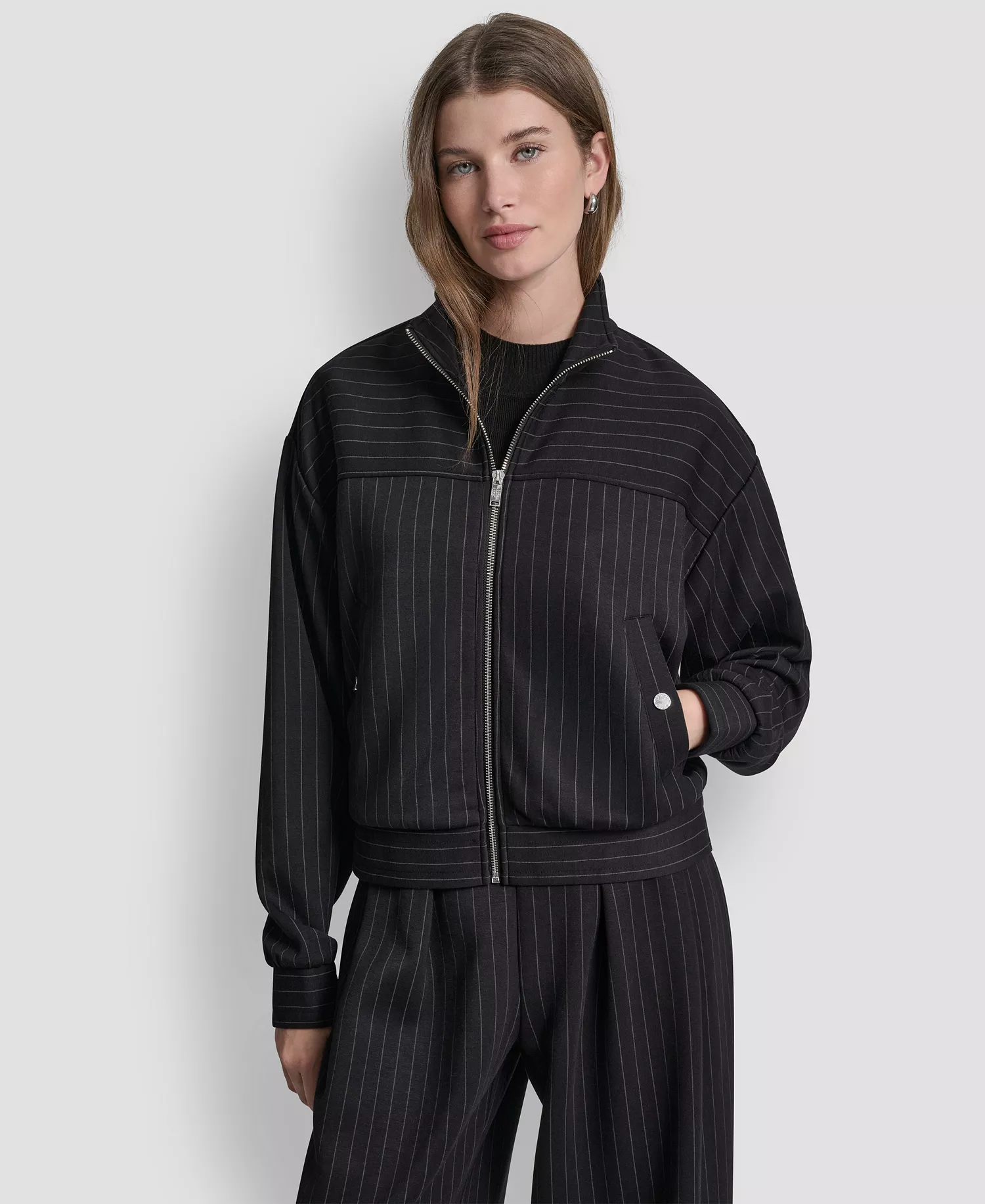 Women's Full-Zip Pinstripe Track Jacket and Straight-Leg Pleated Pinstripe Pants - Black Pinstripe - L