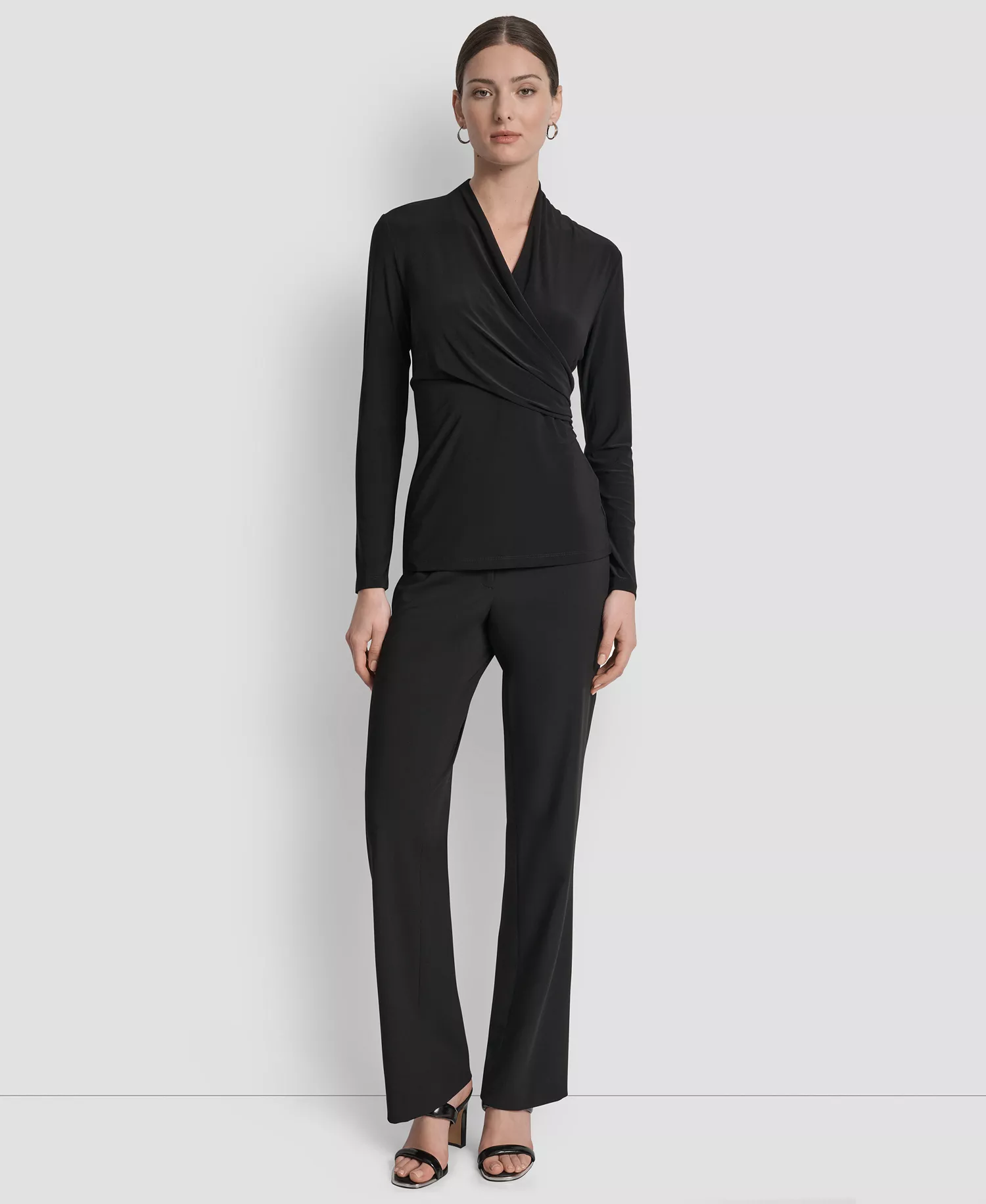 Petite Matte Jersey Faux Wrap Top - Black - PL