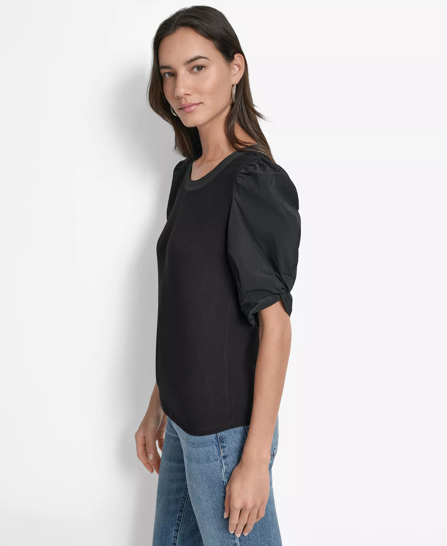 Women's Mixed-Media Taffeta Puff-Sleeve Top - Black - XL