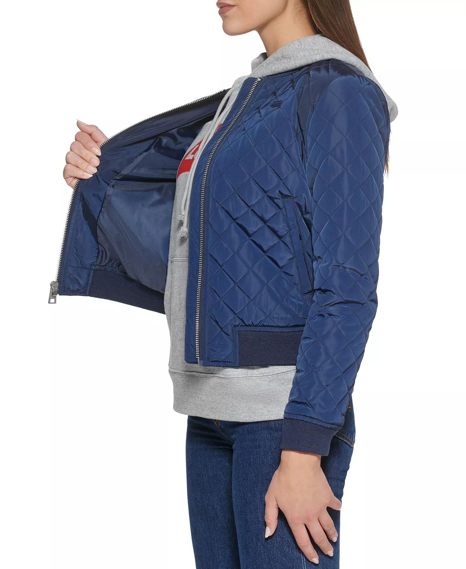 Women's Diamond Quilted Casual Bomber Jacket - Navy - XS