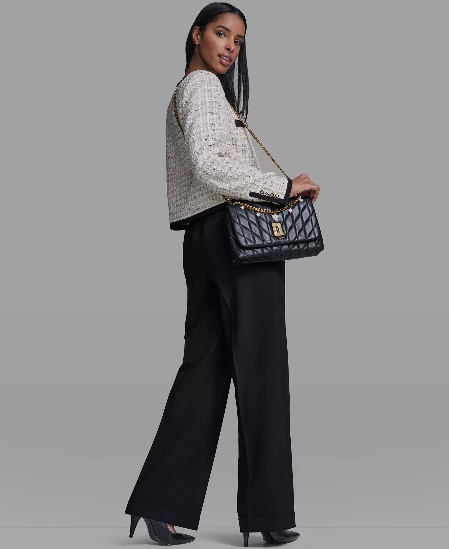 Women's Five-Button Round Neck Tweed Jacket - French Beige Multi - 0