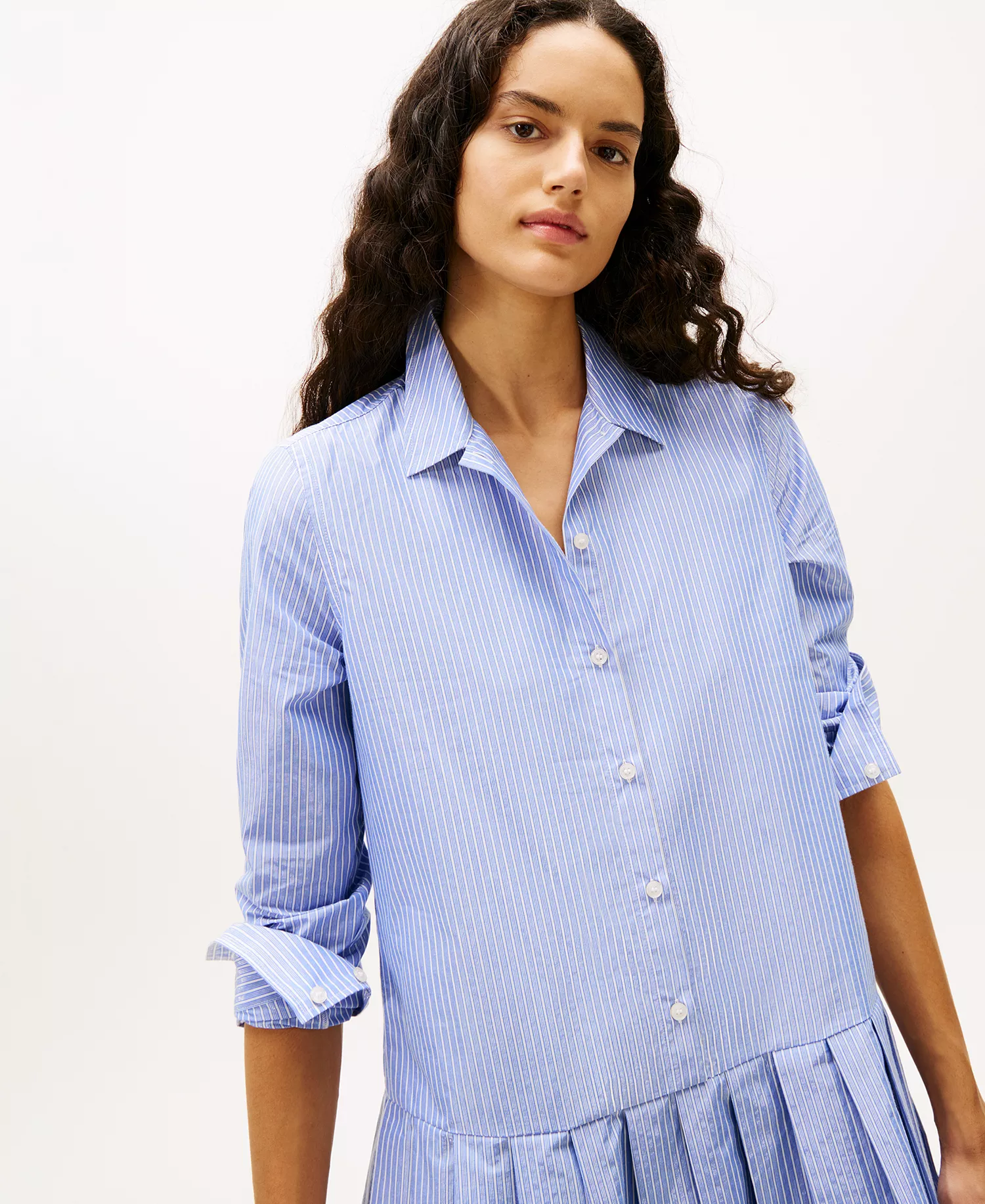Women's Pleated Sparkle Collared Shirt Dress - Light Blue - L