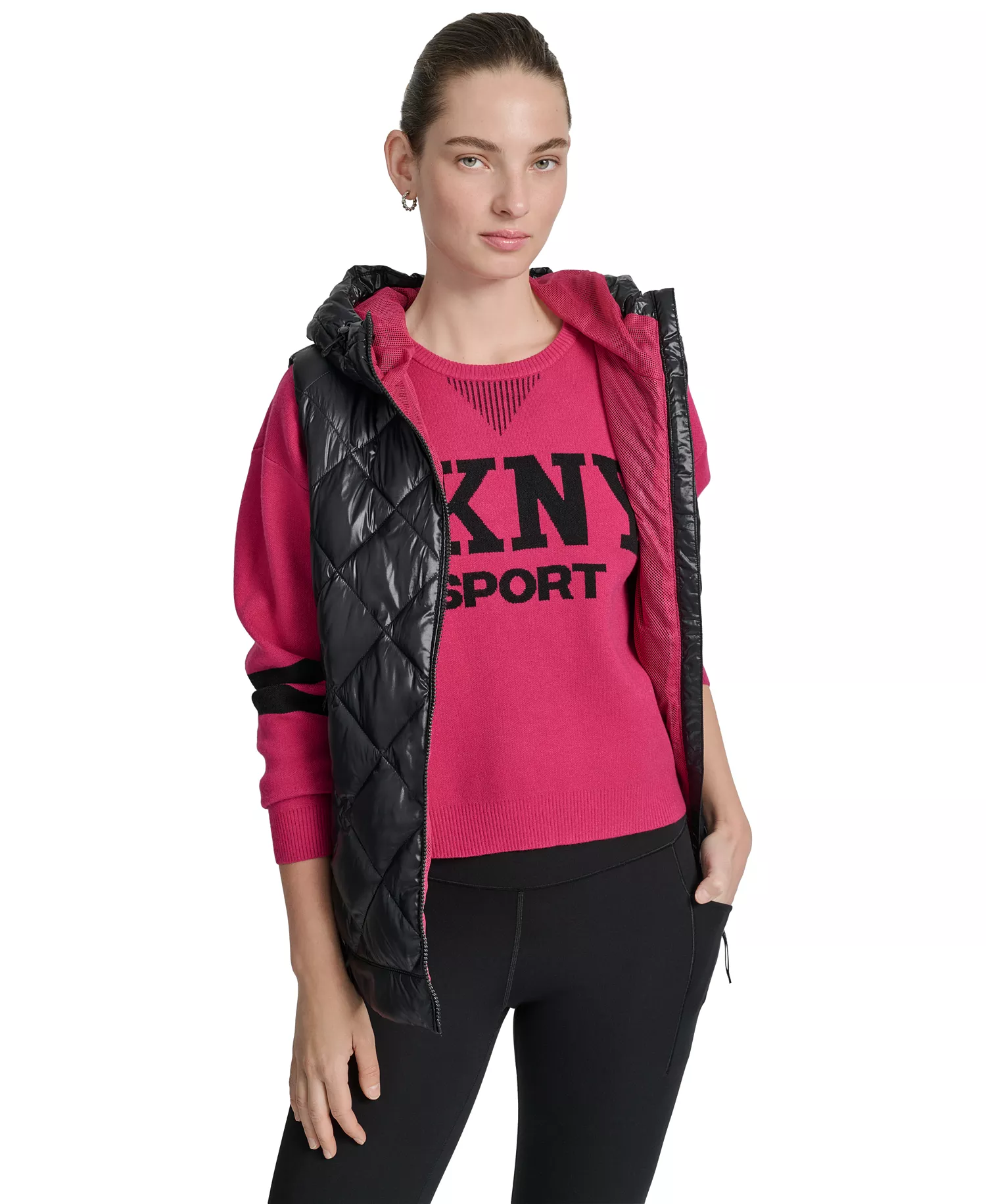 Women's Quilted Curved-Hem Hooded Vest - Metallic Black/wild Berry - L