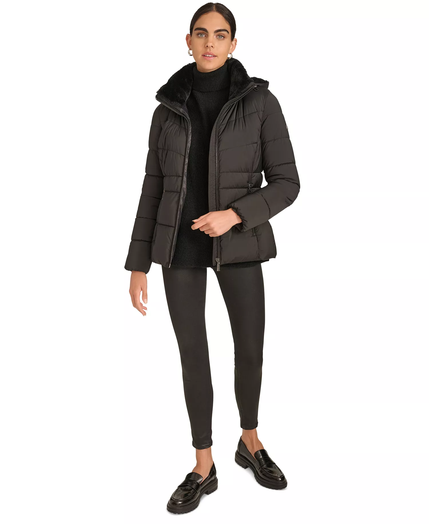 Petite Faux-Fur-Lined Hooded Puffer Coat - Black - PXXL