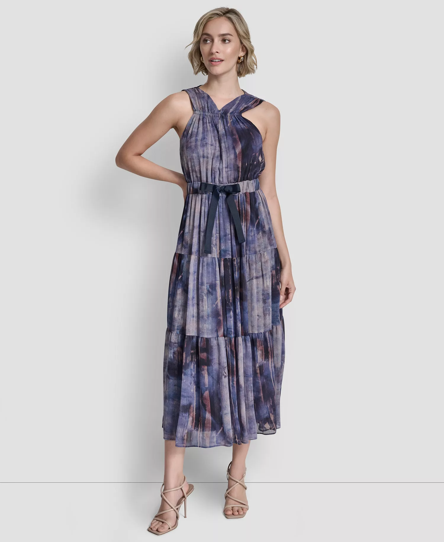 Women's V-Neck Sleeveless Tie Waist Dress - Hudson Lights - L
