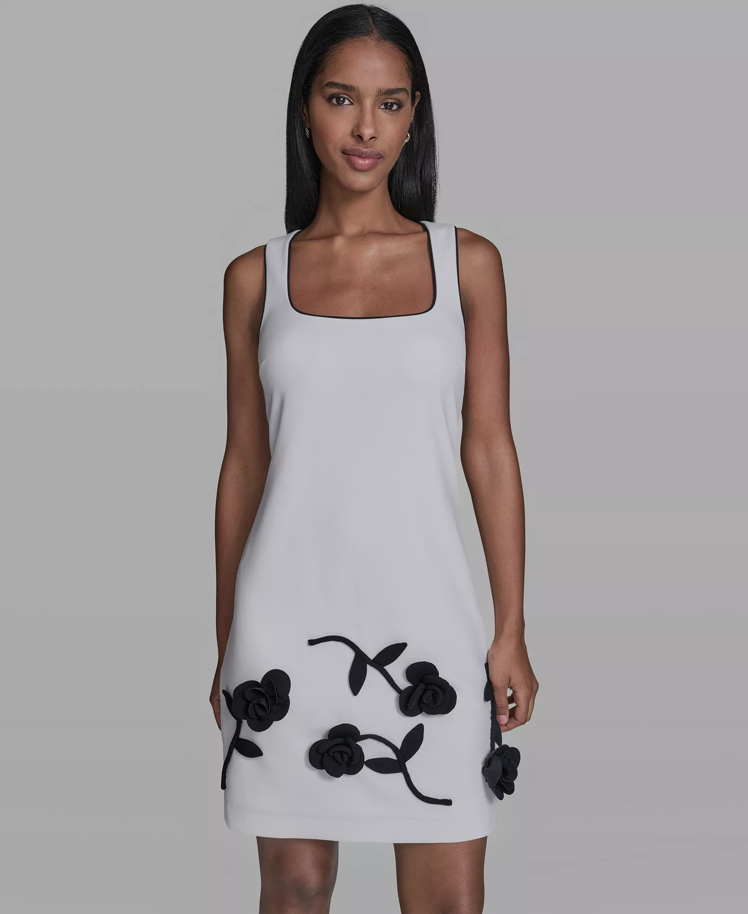 Women's Contrast 3D Flowers A-Line Dress - Soft White/Black - 10