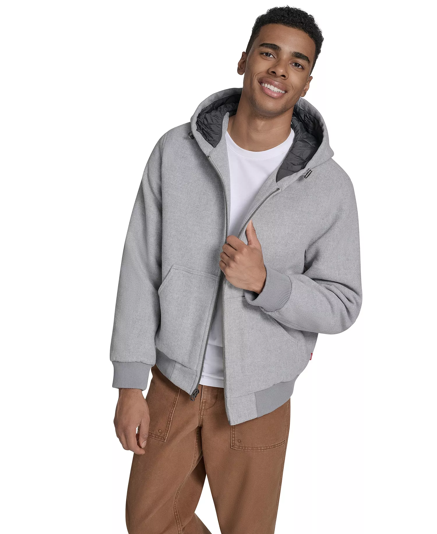 Men's Wool-Blend Hooded Bomber Jacket - Gray - 2XL