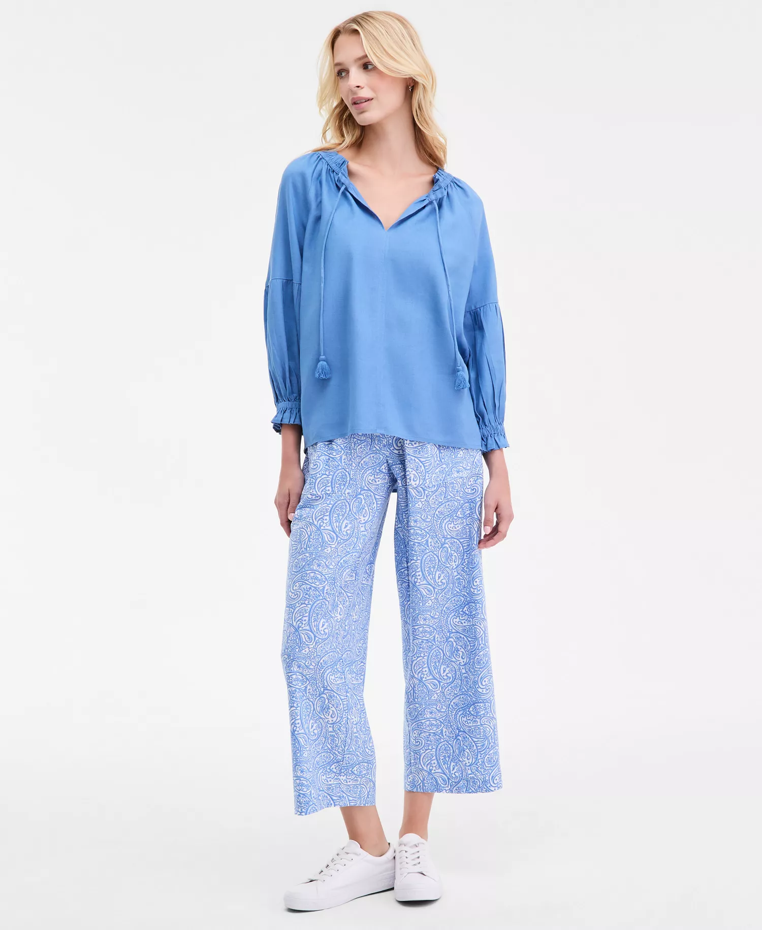 Nautica Women's Printed Linen-Blend Drawstring Pants - Blue Haze Multi - L