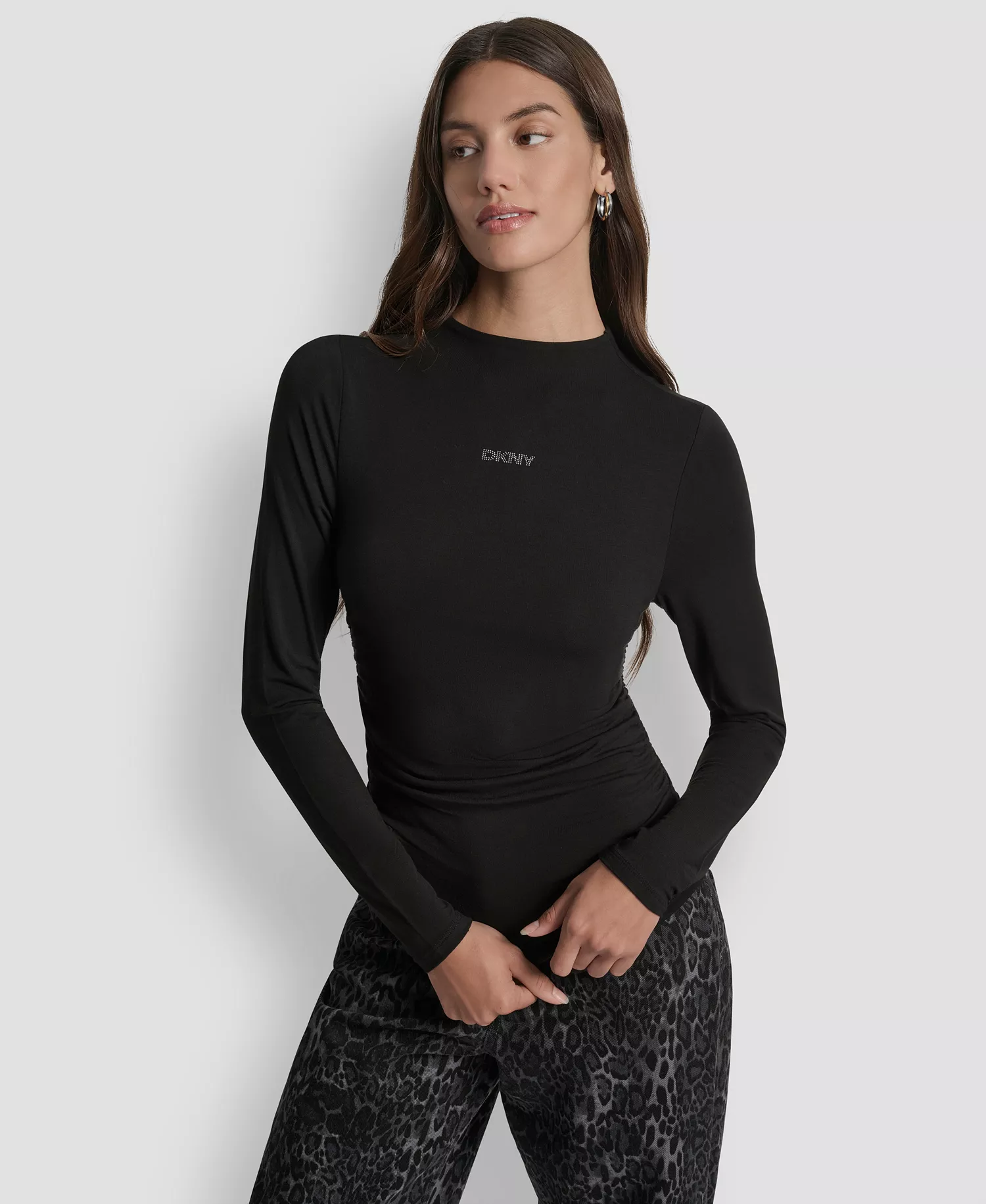 Women's Side Ruched High Neck Long Sleeve Top With Rhinestud Logo - Black/Gunmetal - L