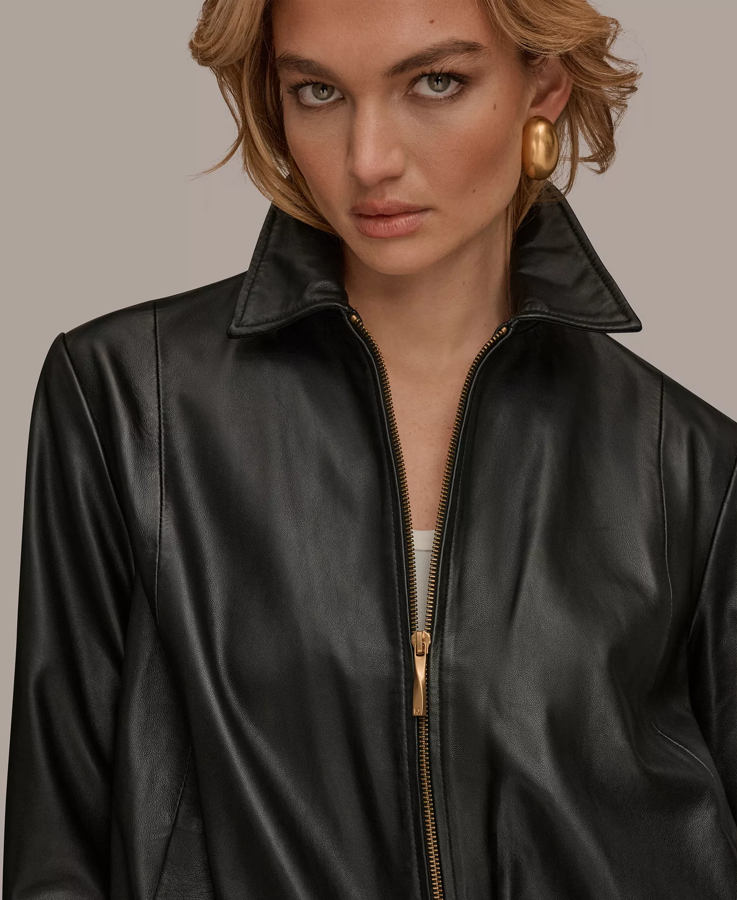 Women's Leather Bomber Jacket - Black - L
