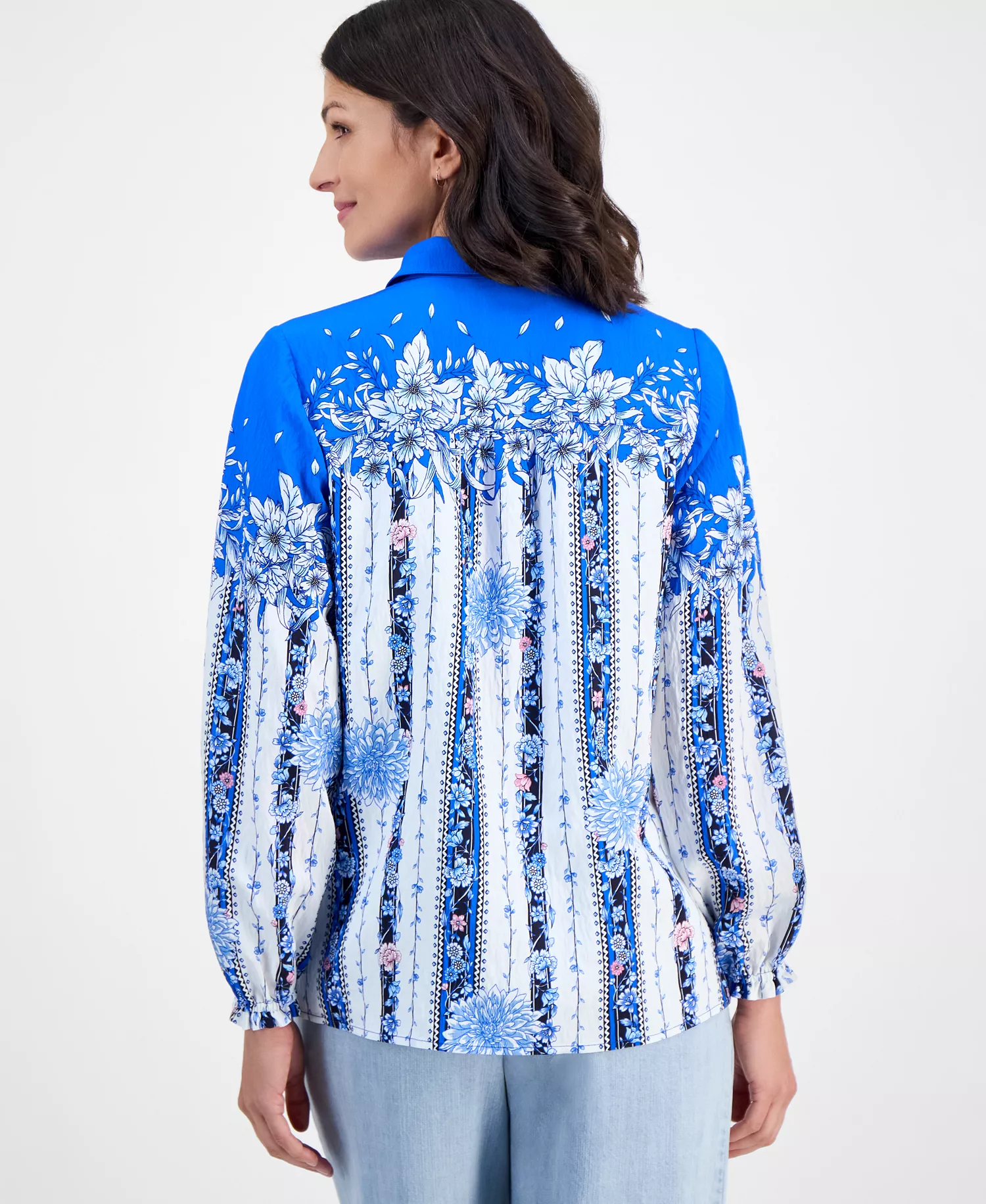 Women's Placed-Floral Button-Down Blouse - Sky Forest - L