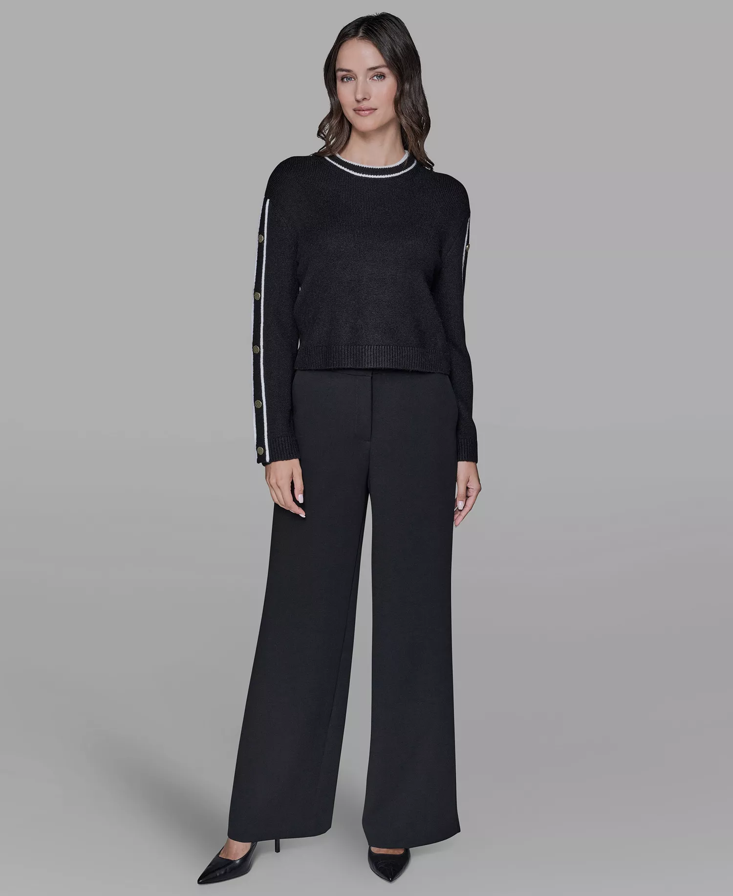 Petite Crewneck Long-Sleeve Sweater - Black - P/L