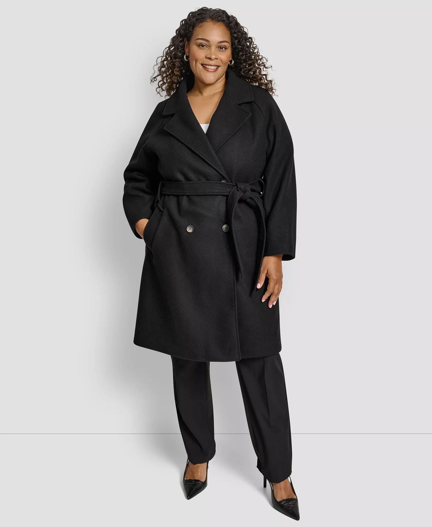 Plus Size Belted Notch Collar Coat - Black - 0X