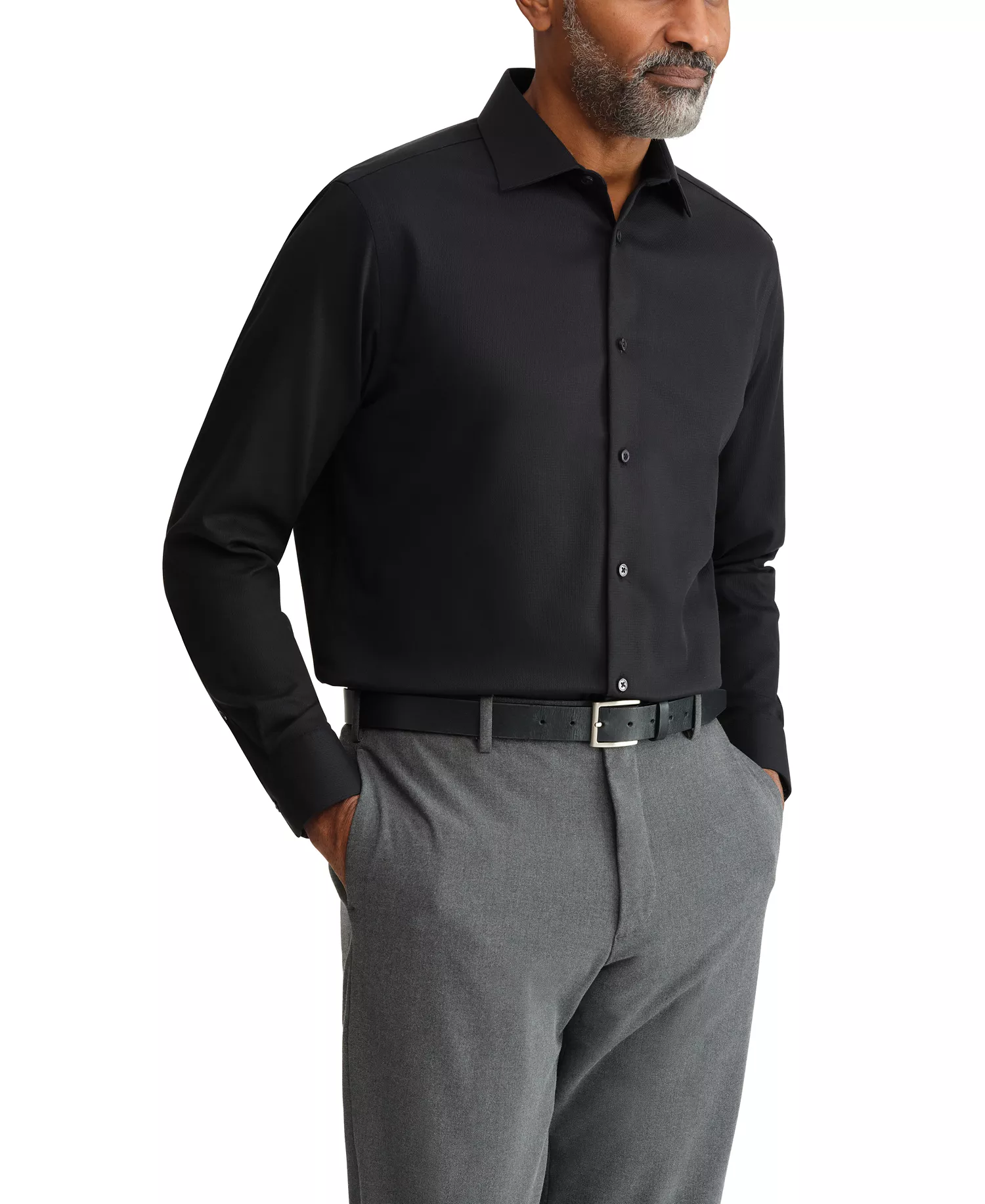 Men's Solid Regular-Fit Stretch Dress Shirt - Black - 14.5 32/33