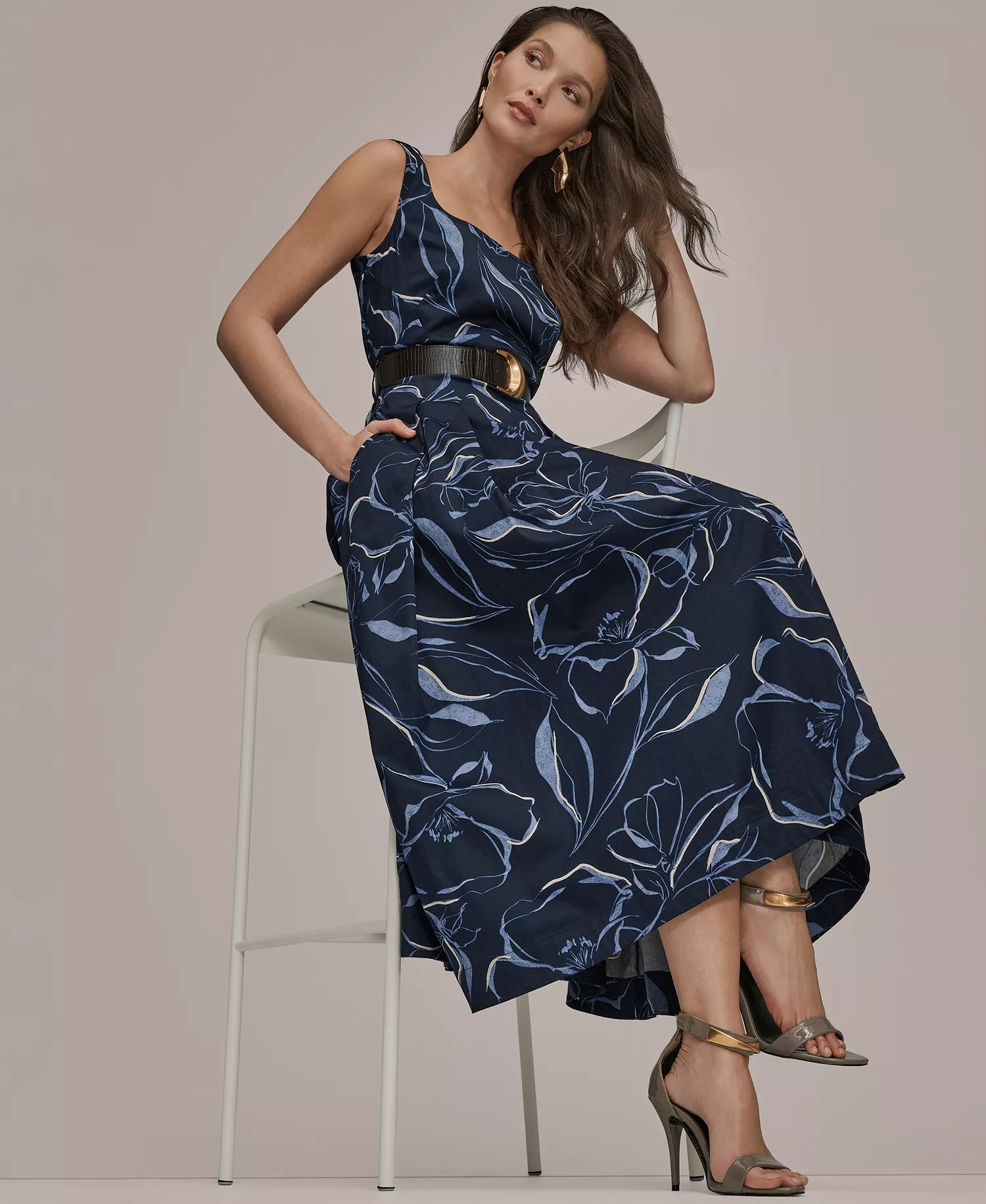 Women's Square Neck Belted A-Line Dress - Nightfall - 10