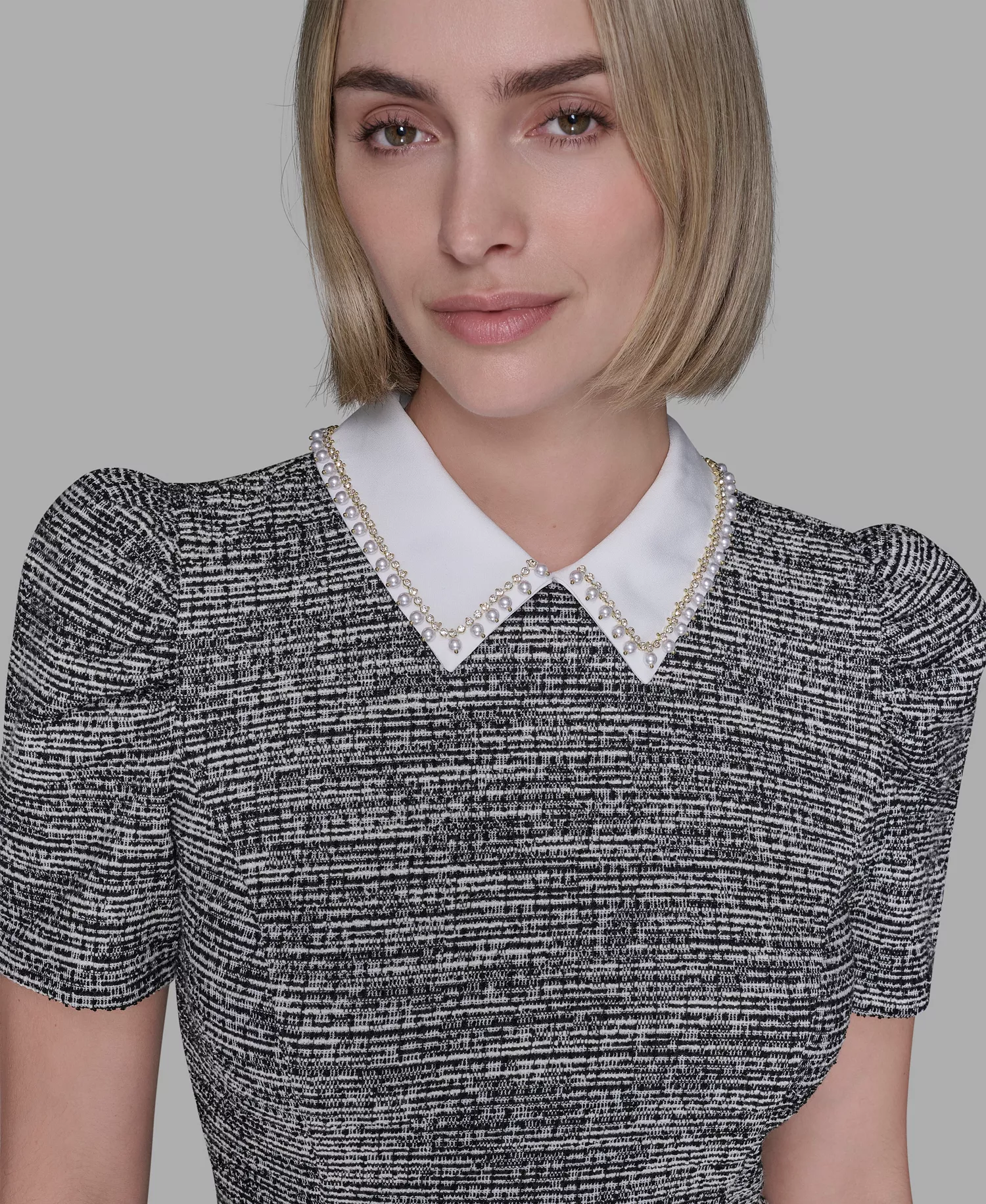 Women's Collared Tweed A-Line Dress - Soft White/Black - 10