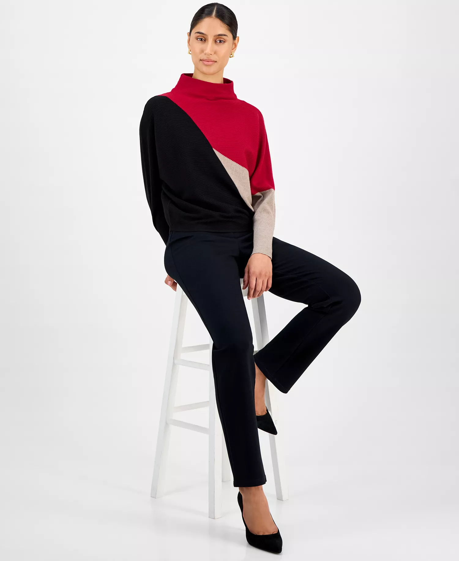 Women's Funnel-Neck Dolman-Sleeve Sweater  - Red Point Colorblock - L