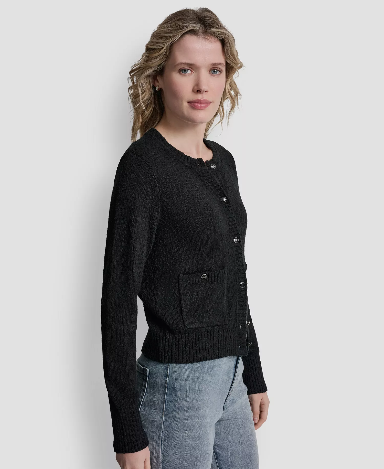 Women's Crewneck Front-Enamel Button Cardigan - Black - L