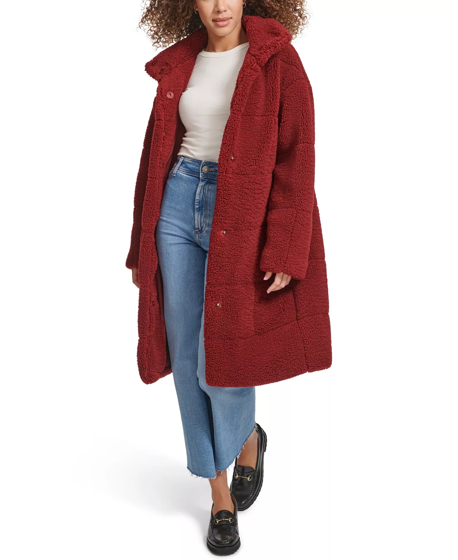 Women's Long Sherpa Snap-Closure Teddy Coat - Cabernet - L