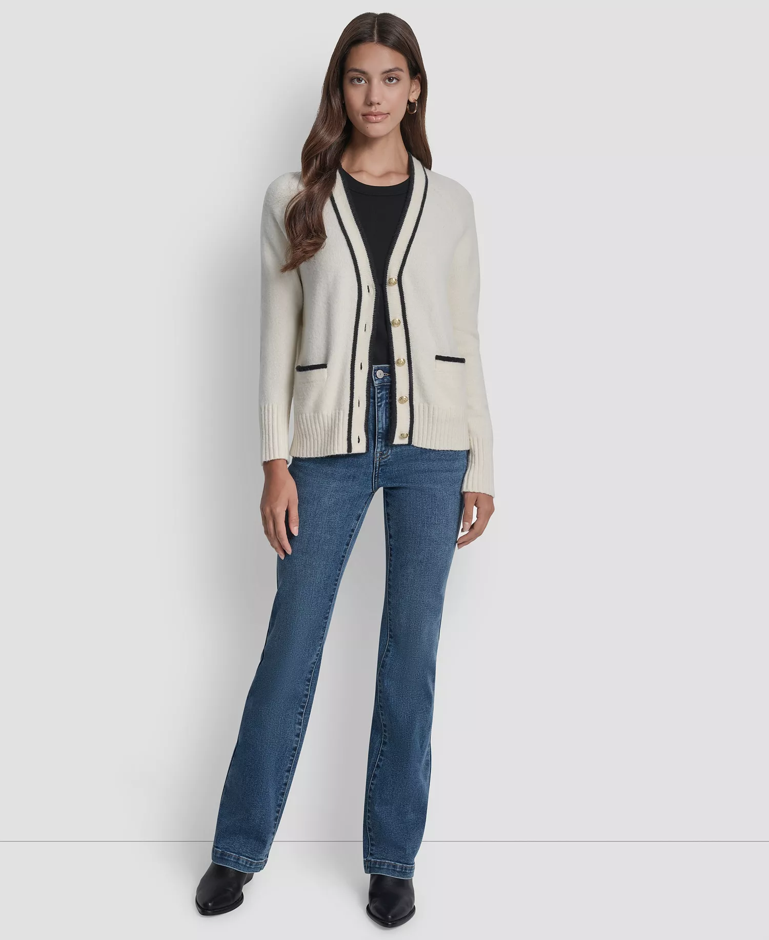 Women's Long Sleeve Tipped V-Neck Cardigan Sweater - Eggnog/Black - L