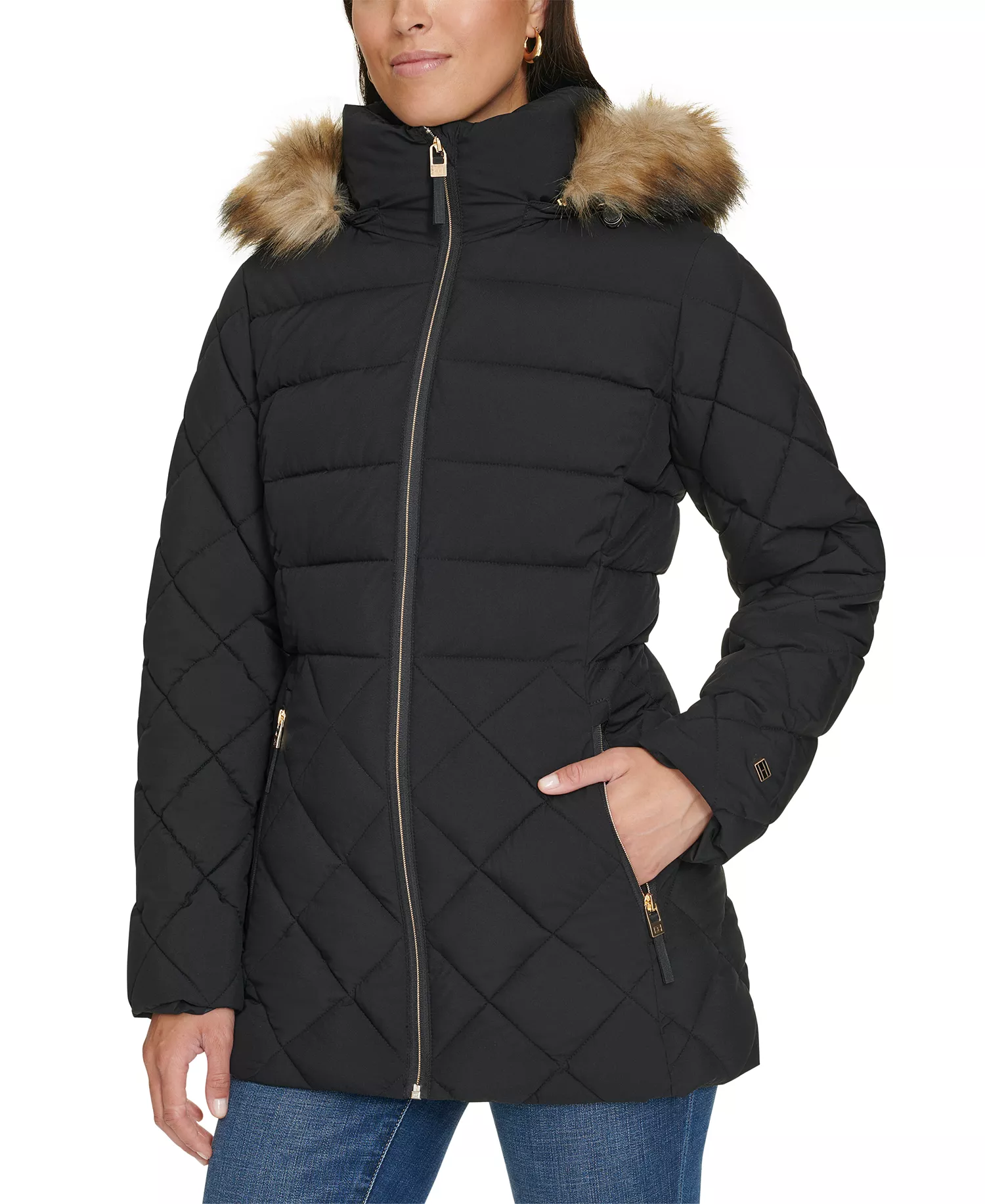 Women's Bibbed Faux-Fur-Trim Hooded Puffer Coat, Created for Macy's - Black - L
