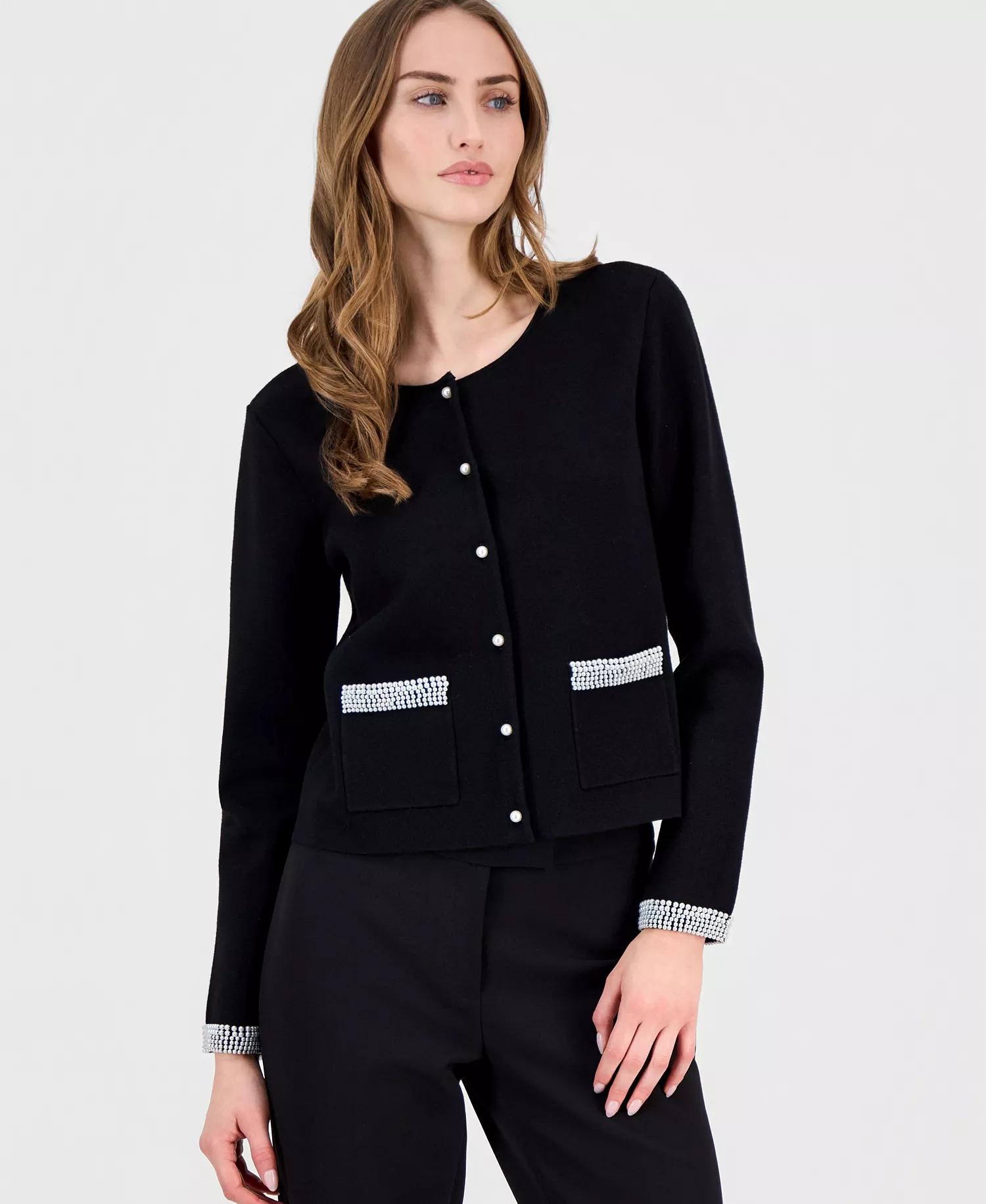 Women's Embellished Pearl-Trim Cardigan - Black/ Ivory Pearls - L