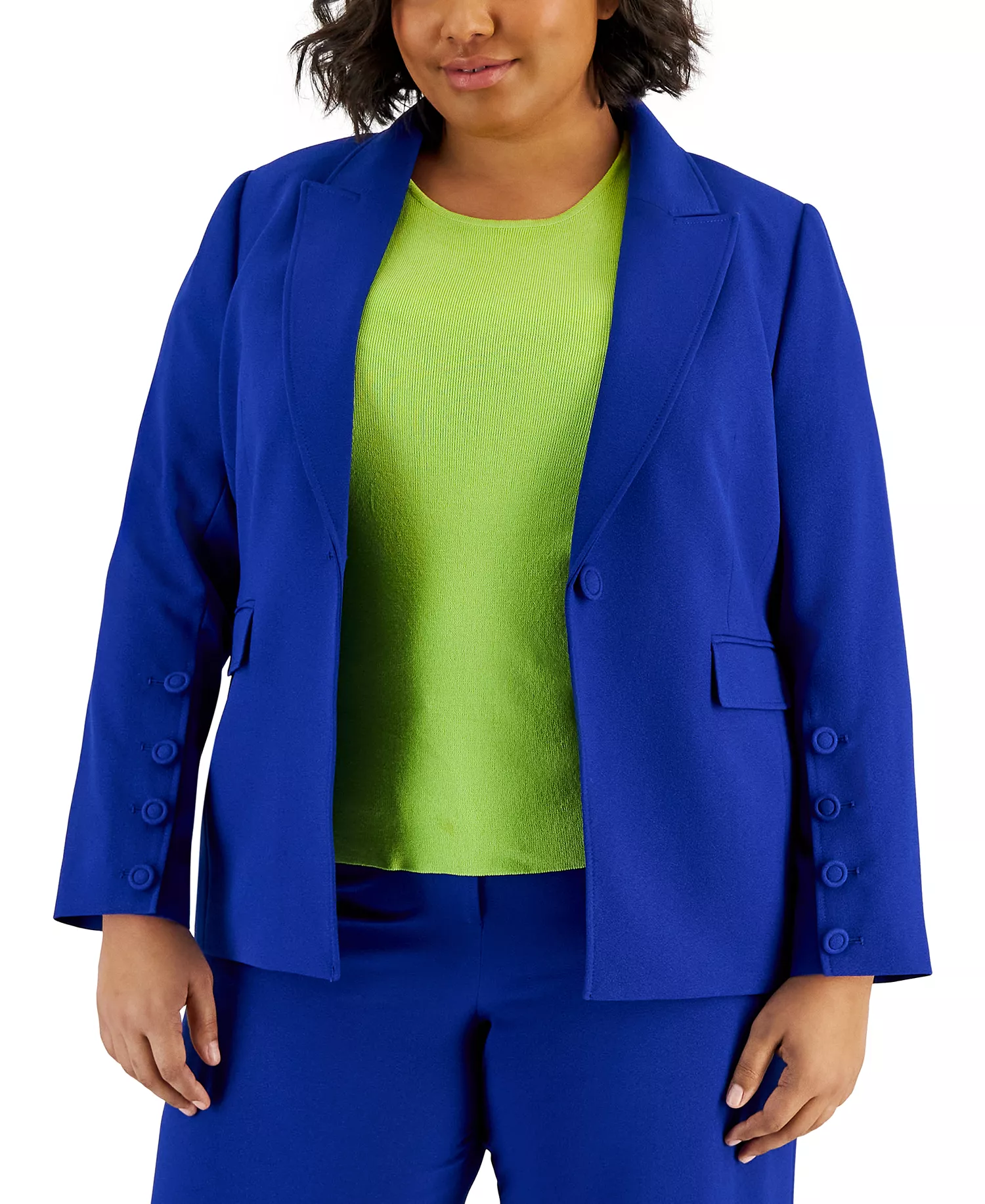 Plus Size One-Button Blazer & Wide-Leg Pants Suit Separates - Cobalt - 24W