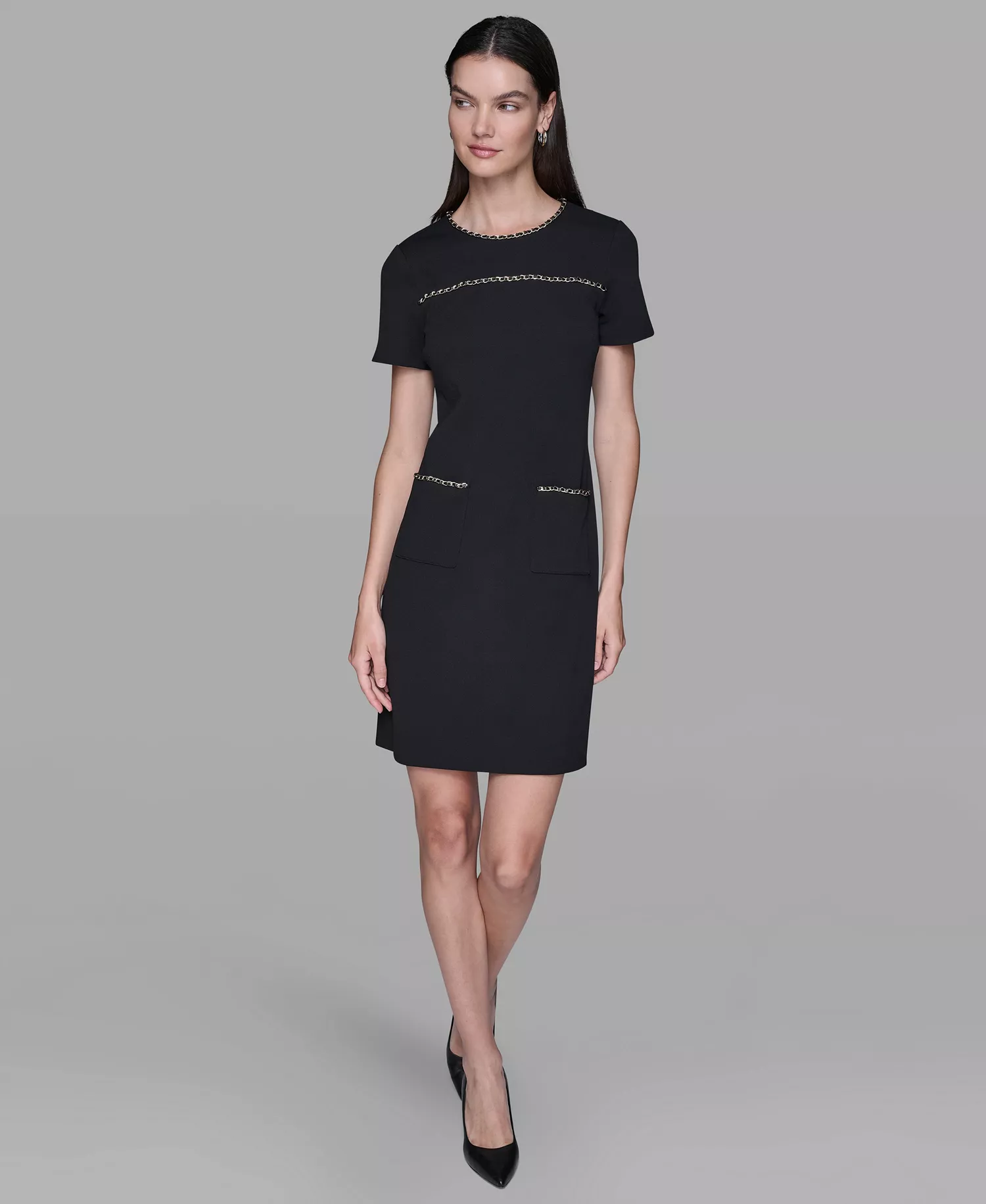 Women's Crew Neck Chain Detail Shift Dress - Black - 10