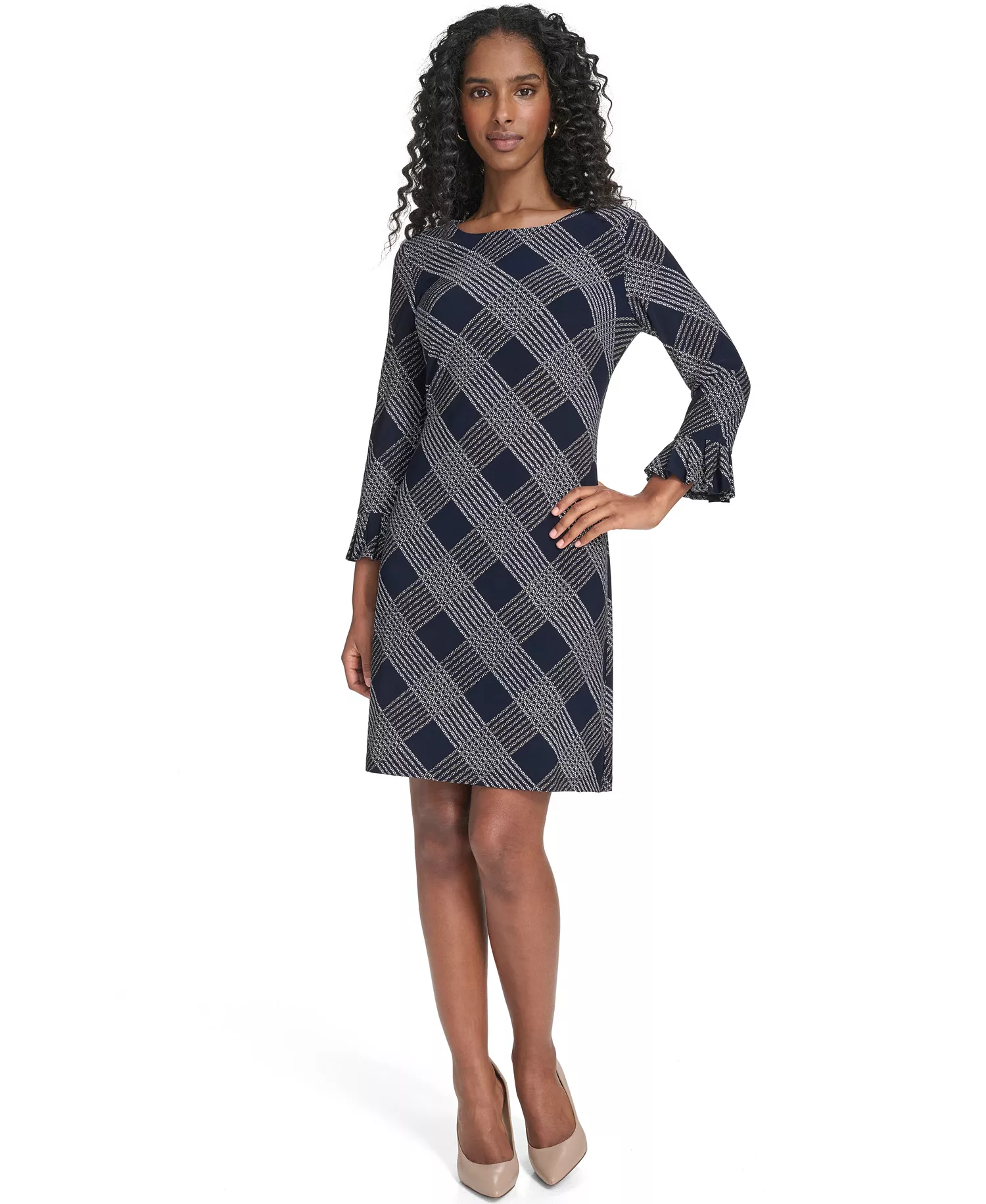 Petite Plaid 3/4-Sleeve Shift Dress - Sky Captain/Sand - 0P